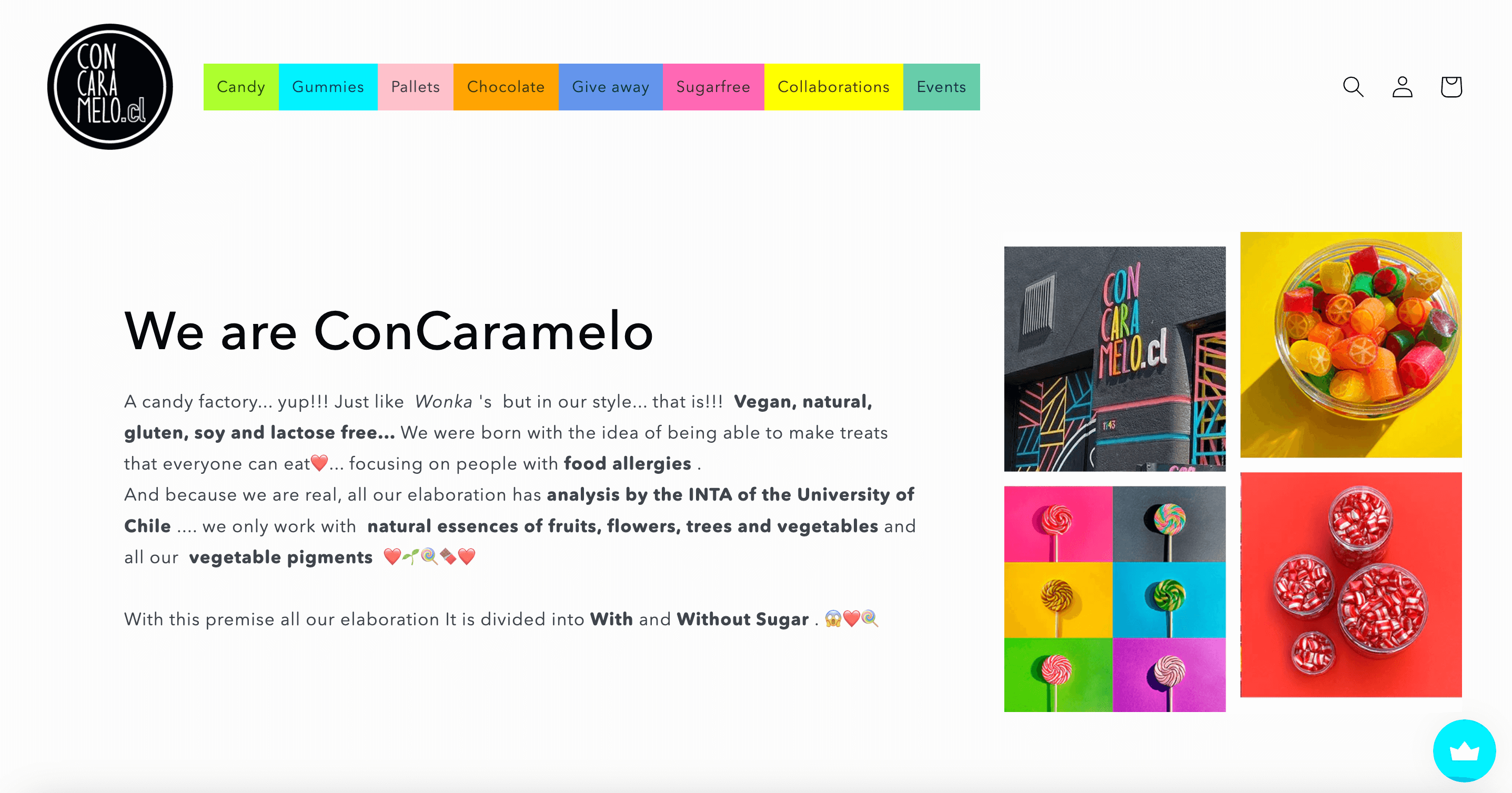 Valentine’s Day Gift Guide–A screenshot from Con Caramelo’s homepage explaining the brand. It highlights product characteristics like using natural essences of fruits, flowers, trees, and vegetables. 