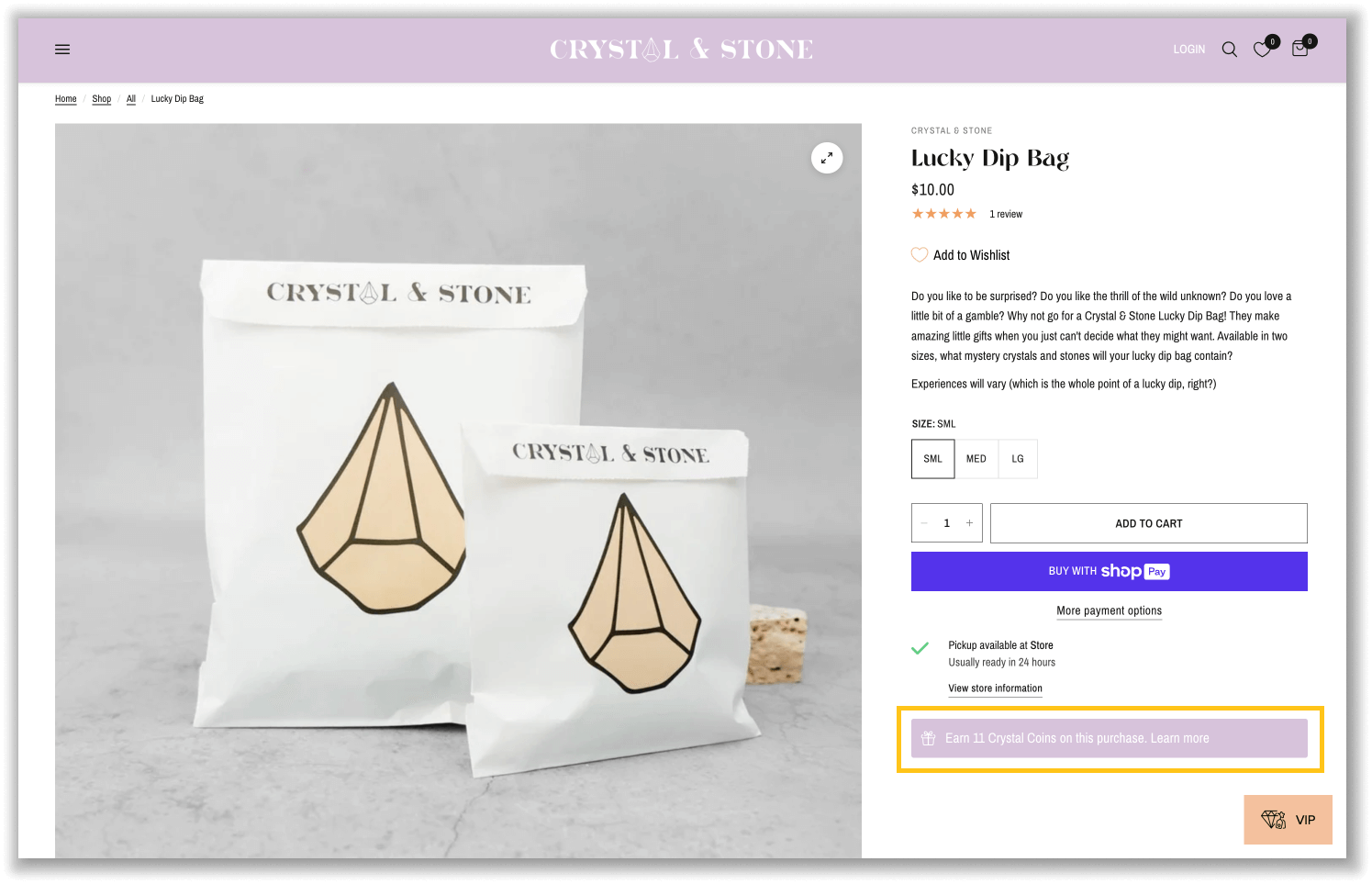 A screenshot of one of Crystal and Stone’s product pages, highlighting its point balance button, which says: Earn 11 Crystal Coins on this purchase. Learn more.