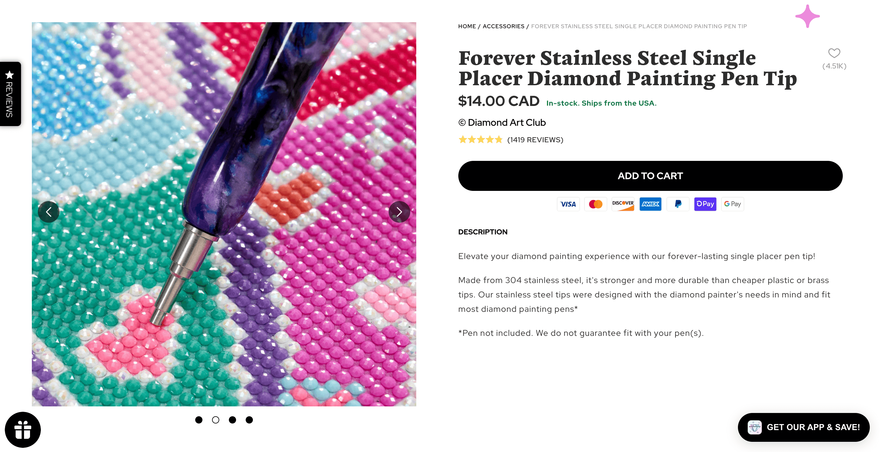 A screenshot of the product page for the Forever Stainless Steel Single Placer Diamond Painting Pen Tip. 