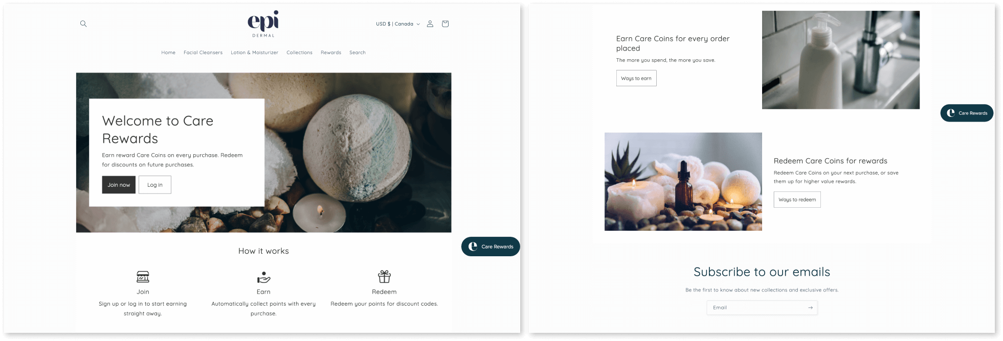 2 side-by-side screenshots showing a loyalty landing page for a skincare brand. There is a banner image with a call to action to join the program, a brief overview of how it works, a section explaining how to earn rewards, and one describing how to redeem them. 
