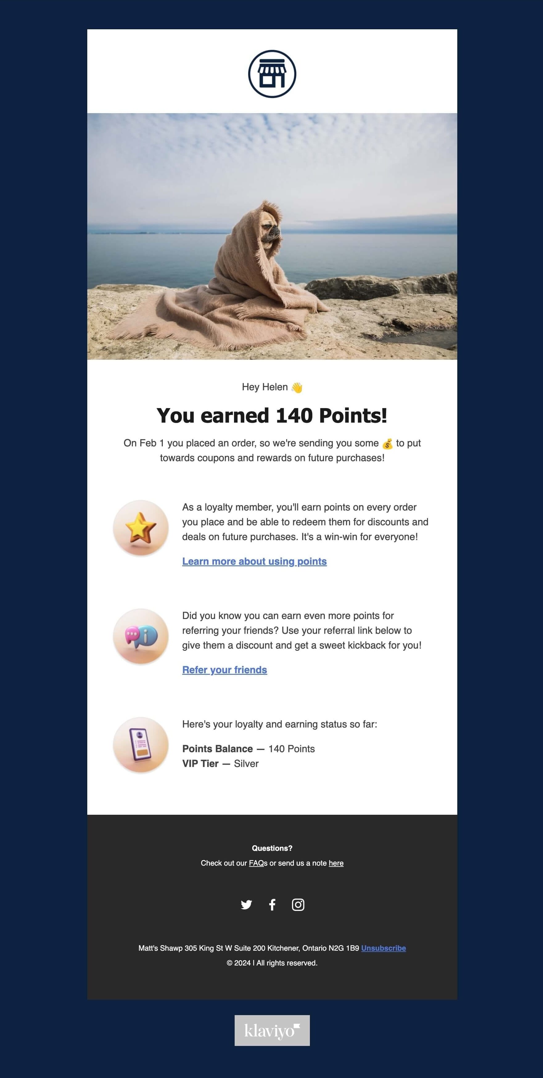 A screenshot of an email sent with Klaviyo telling customers how many points they earned on their purchase.