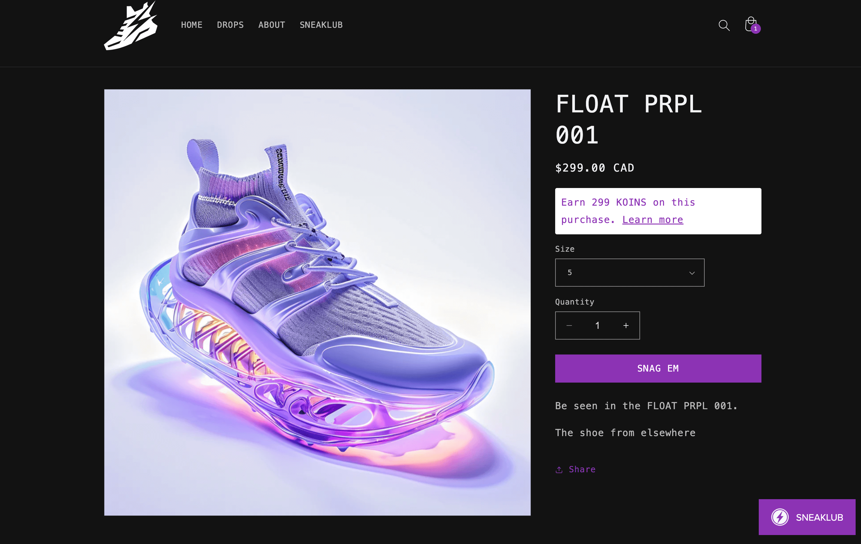A screenshot of a sneaker product page showing that customers could earn 299 points on that purchase. 