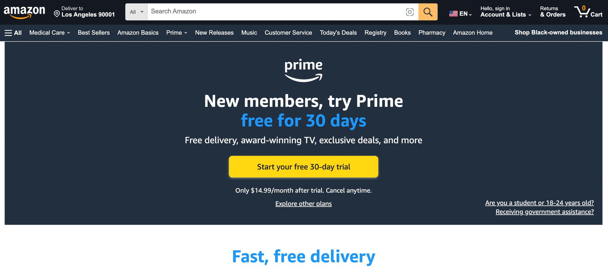 screenshot of amazon prime sign up page