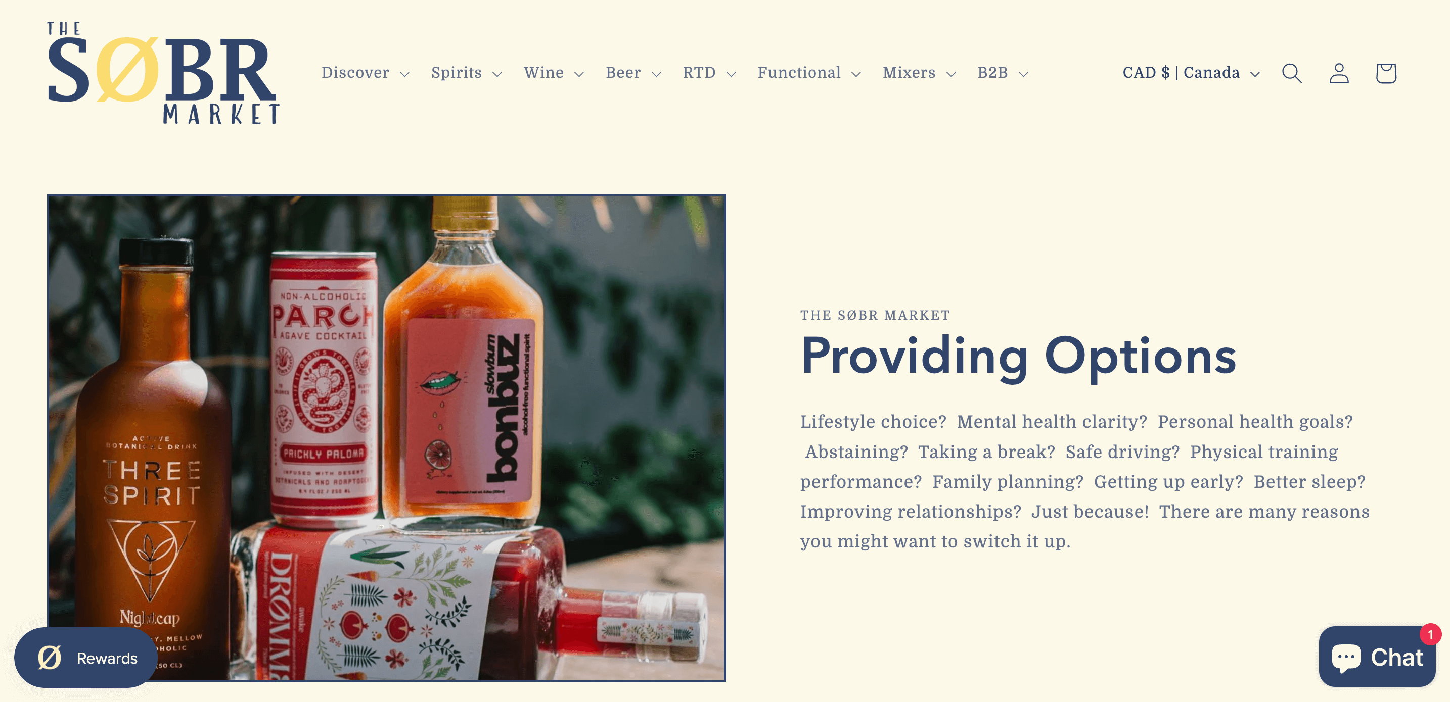 Valentine’s Day Gift Guide–A screenshot from The Sobr Market’s homepage explaining how they are providing options to those who choose not to drink alcohol for a variety of reasons.
