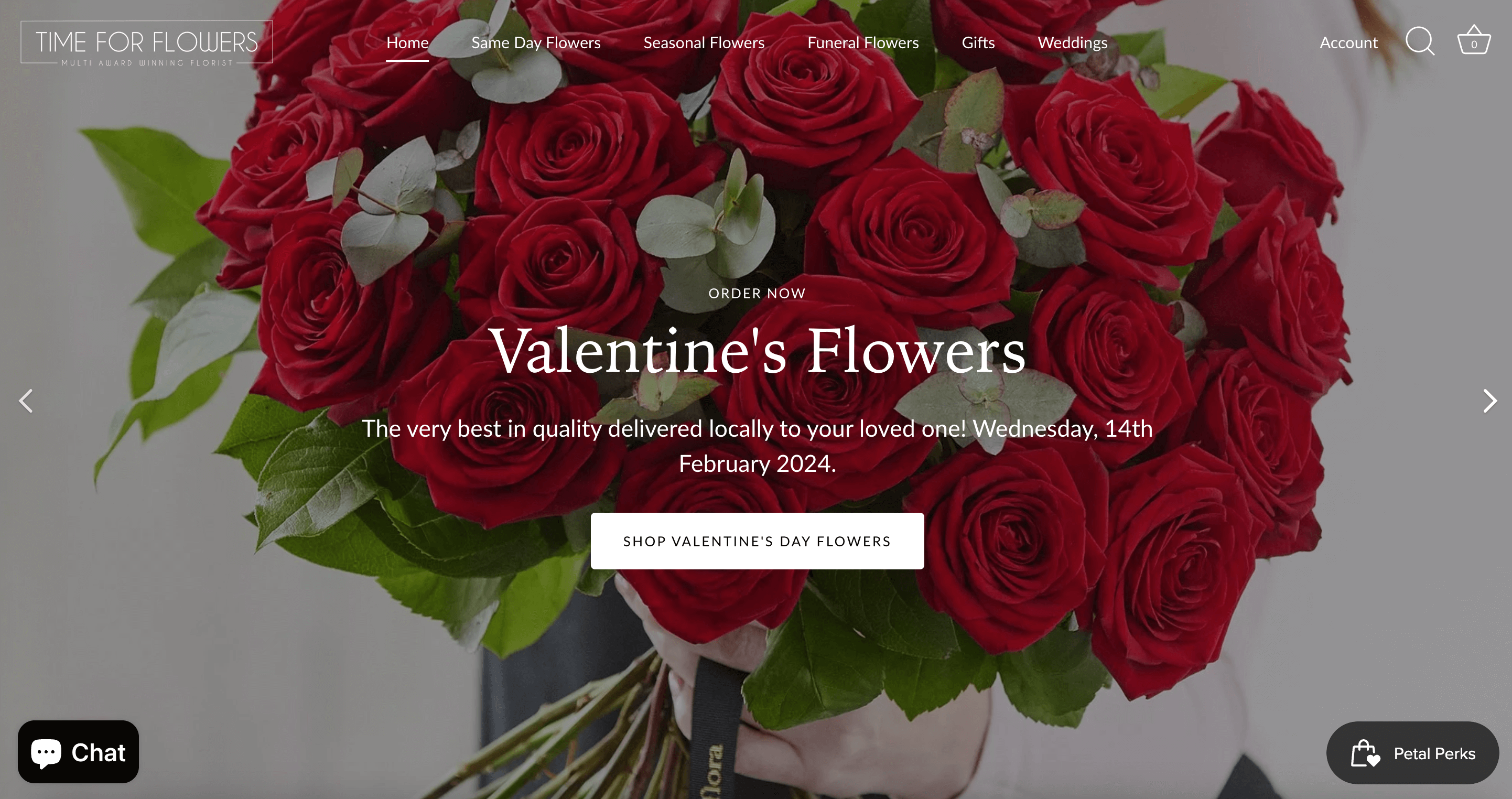 Valentine’s Day Gift Guide–A screenshot from Time For Flowers’ website homepage. The banner image features its Valentine’s Flowers collection and shows a bouquet of red roses. 