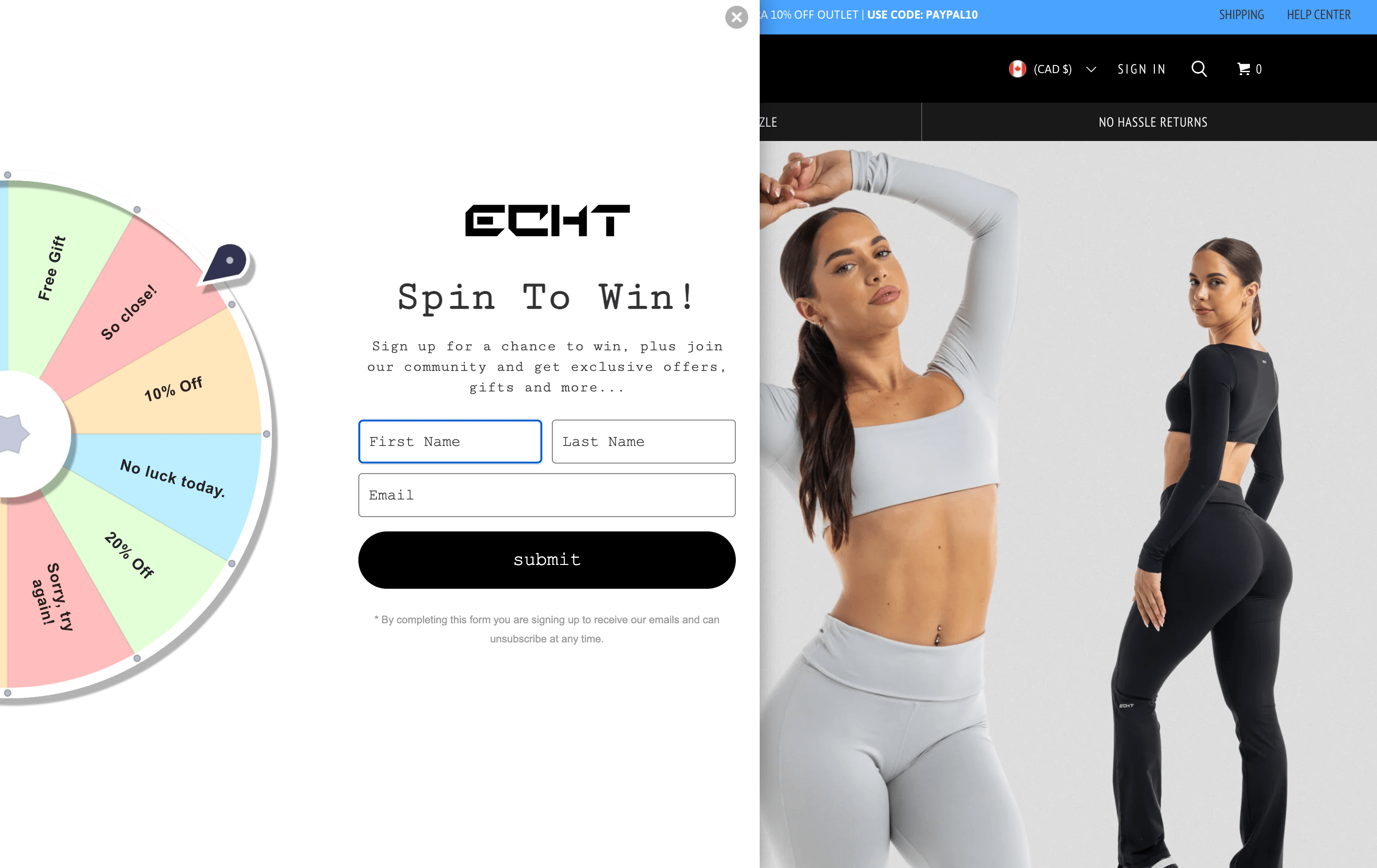 A screenshot from Echt’s homepage showing a pop-up of a spinning wheel offering multiple discount options. The call to action is Spin to Win. 