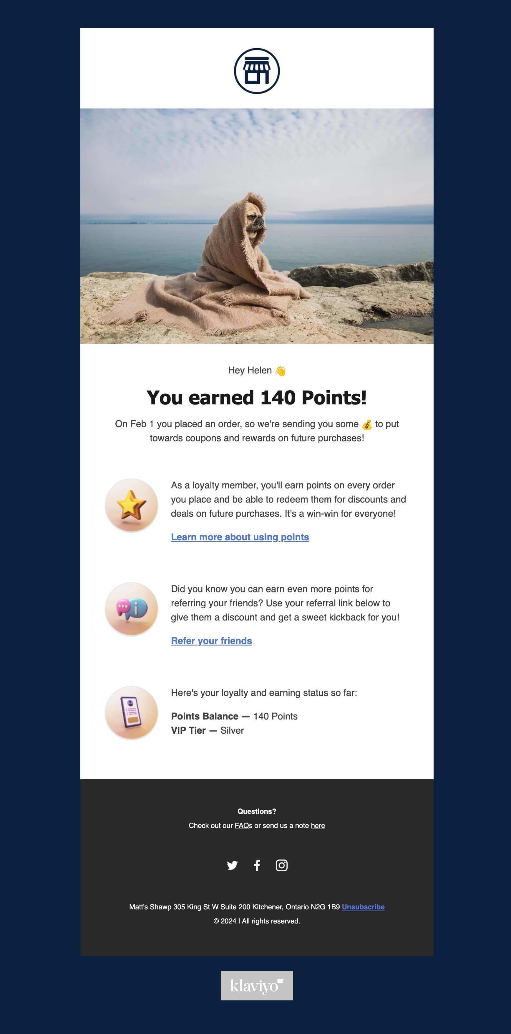 A screenshot of an email sent with Klaviyo telling customers how many points they earned on their purchase.
