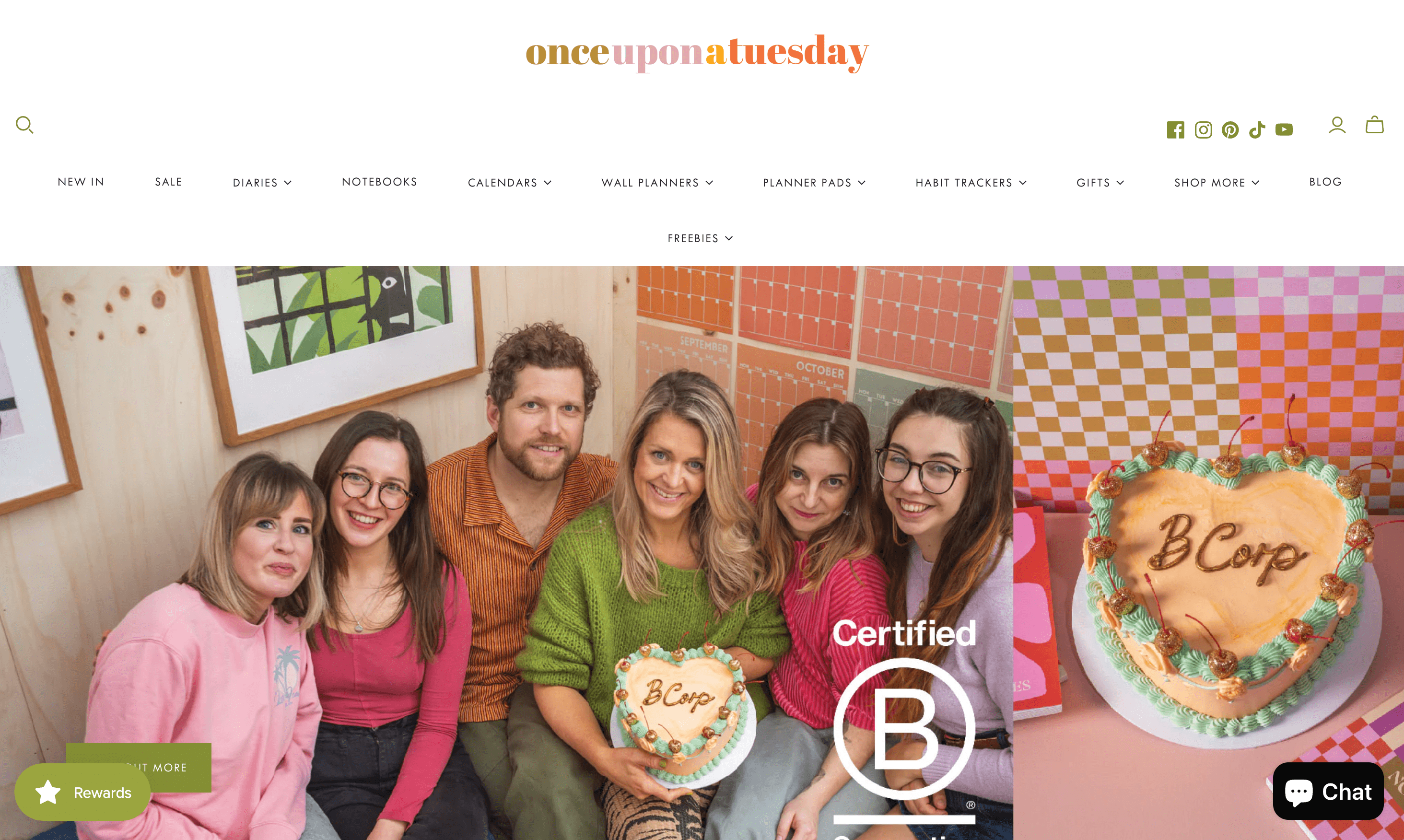 A screenshot of Once Upon a Tuesday’s homepage showing a banner image that highlights its recent BCORP certification. 