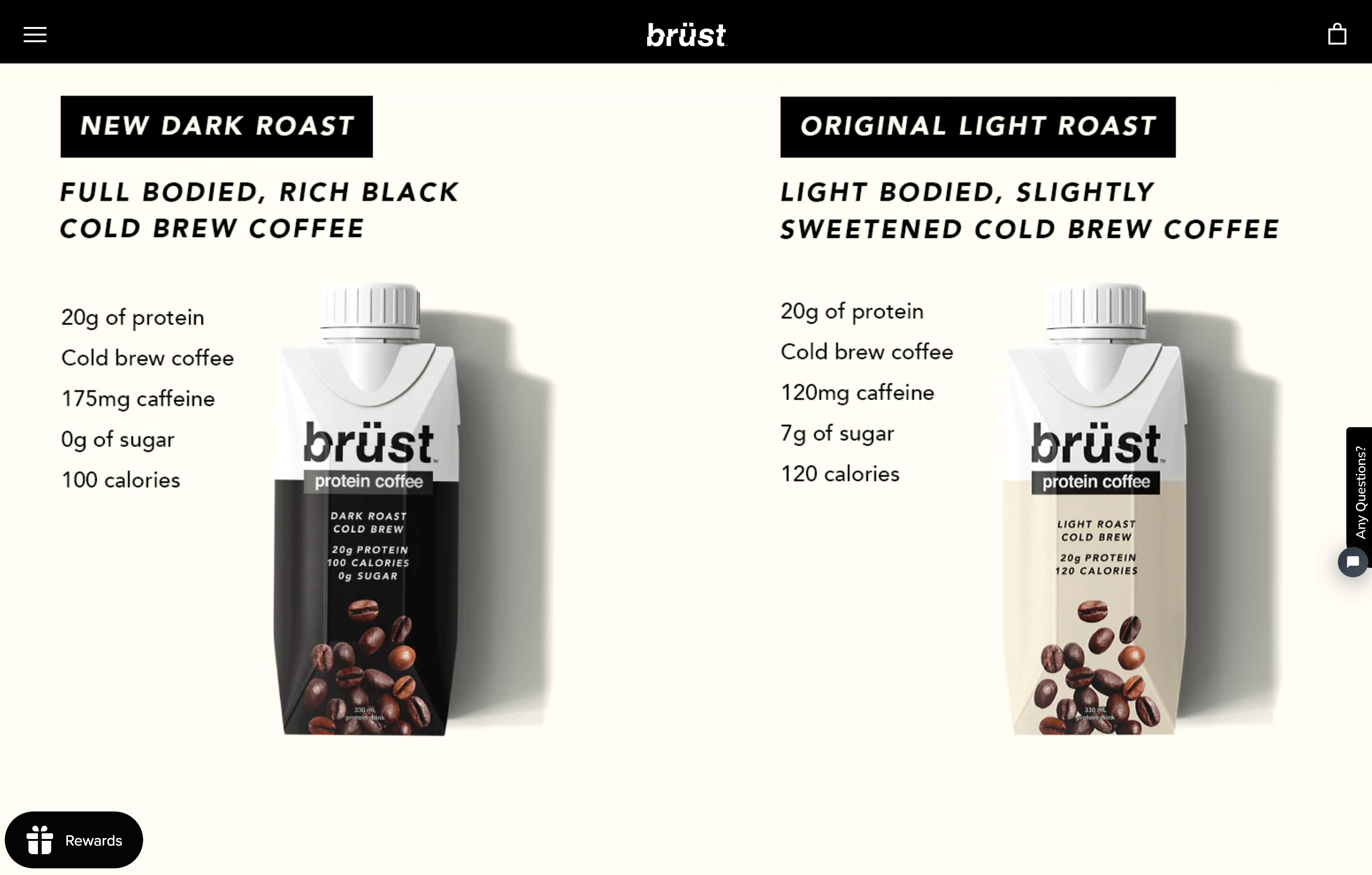 A screenshot of brüst’s homepage showing the features of its Dark Roast and Light Roast protein coffees. 
