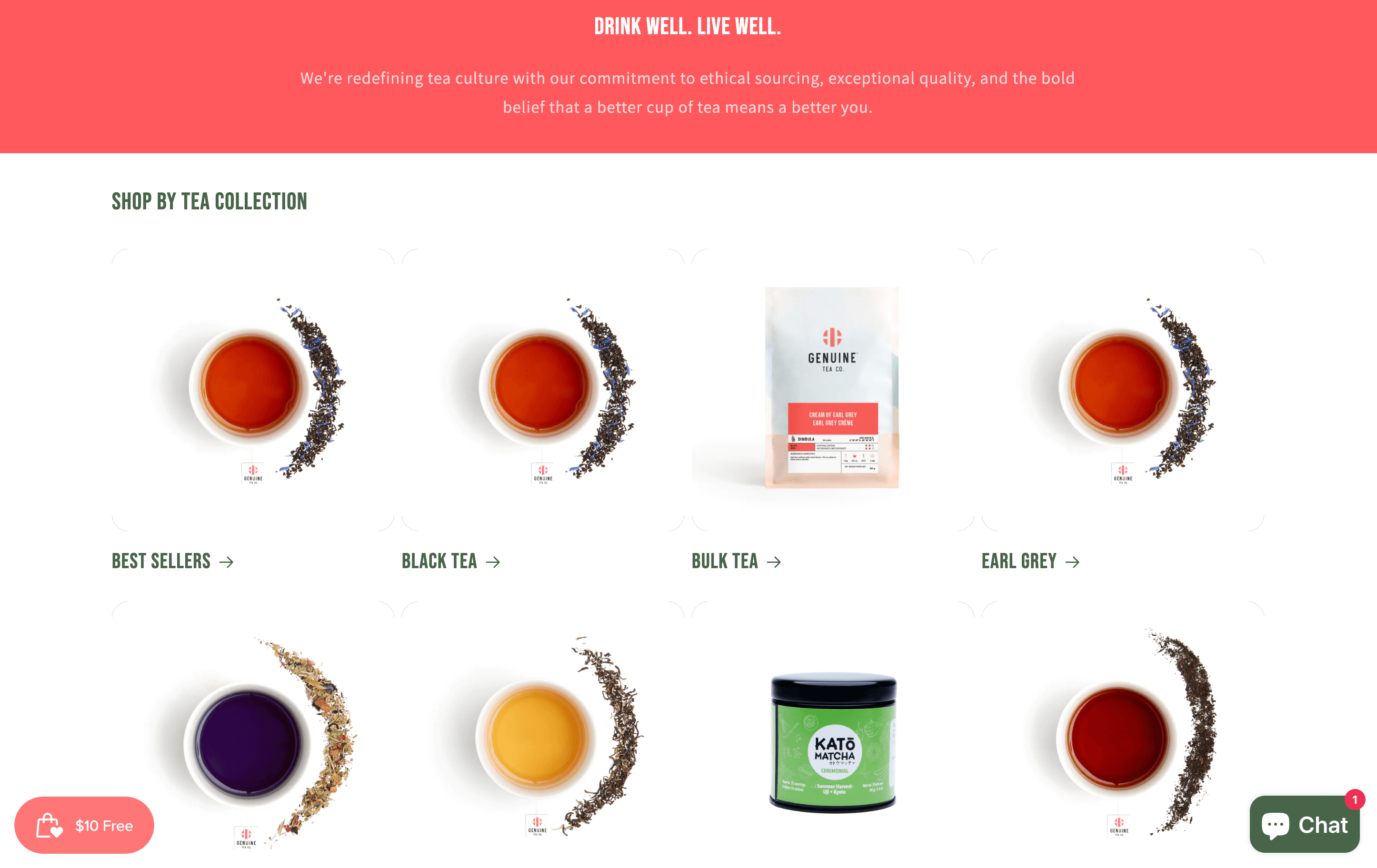 A screenshot of Genuine Tea’s homepage showing its different tea varieties, including black tea, bulk tea, Earl Grey, and more. 