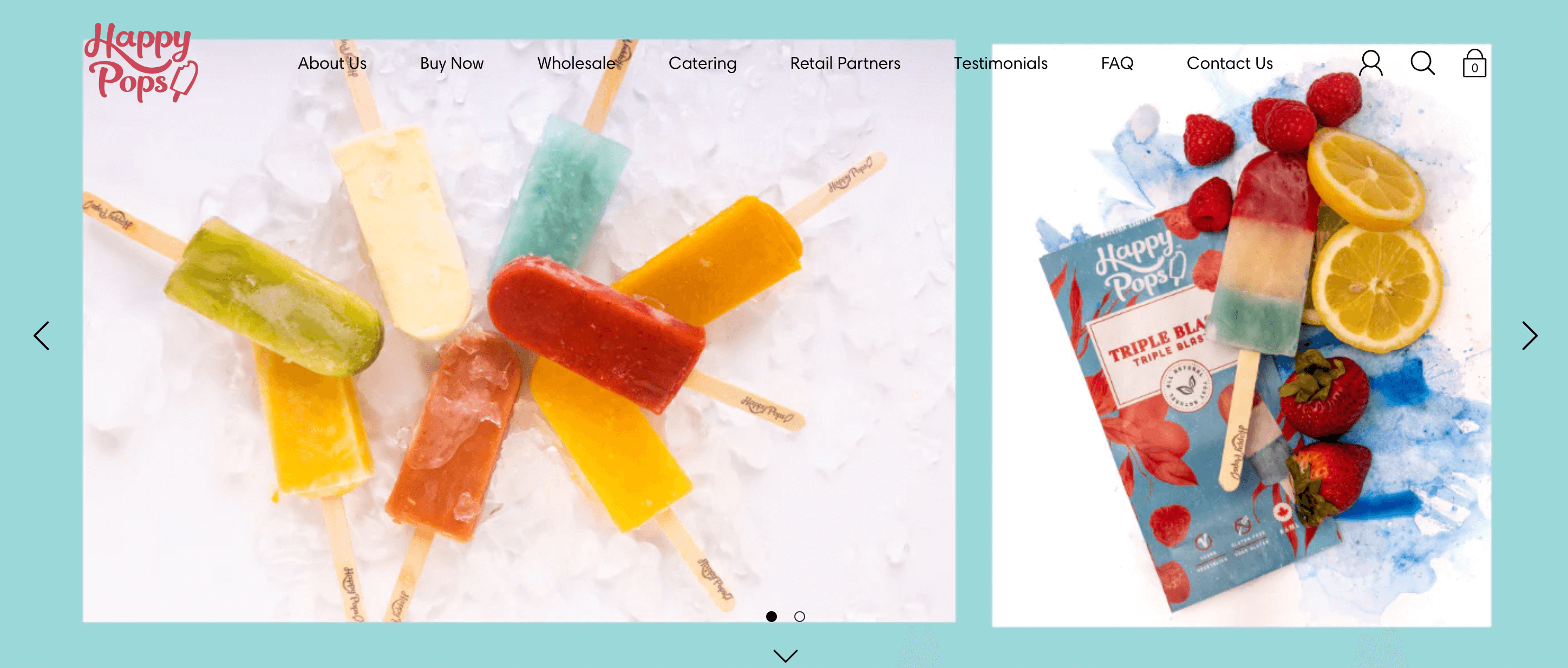 A screenshot of Happy Pops homepage showing images of its colorful ice pops. 