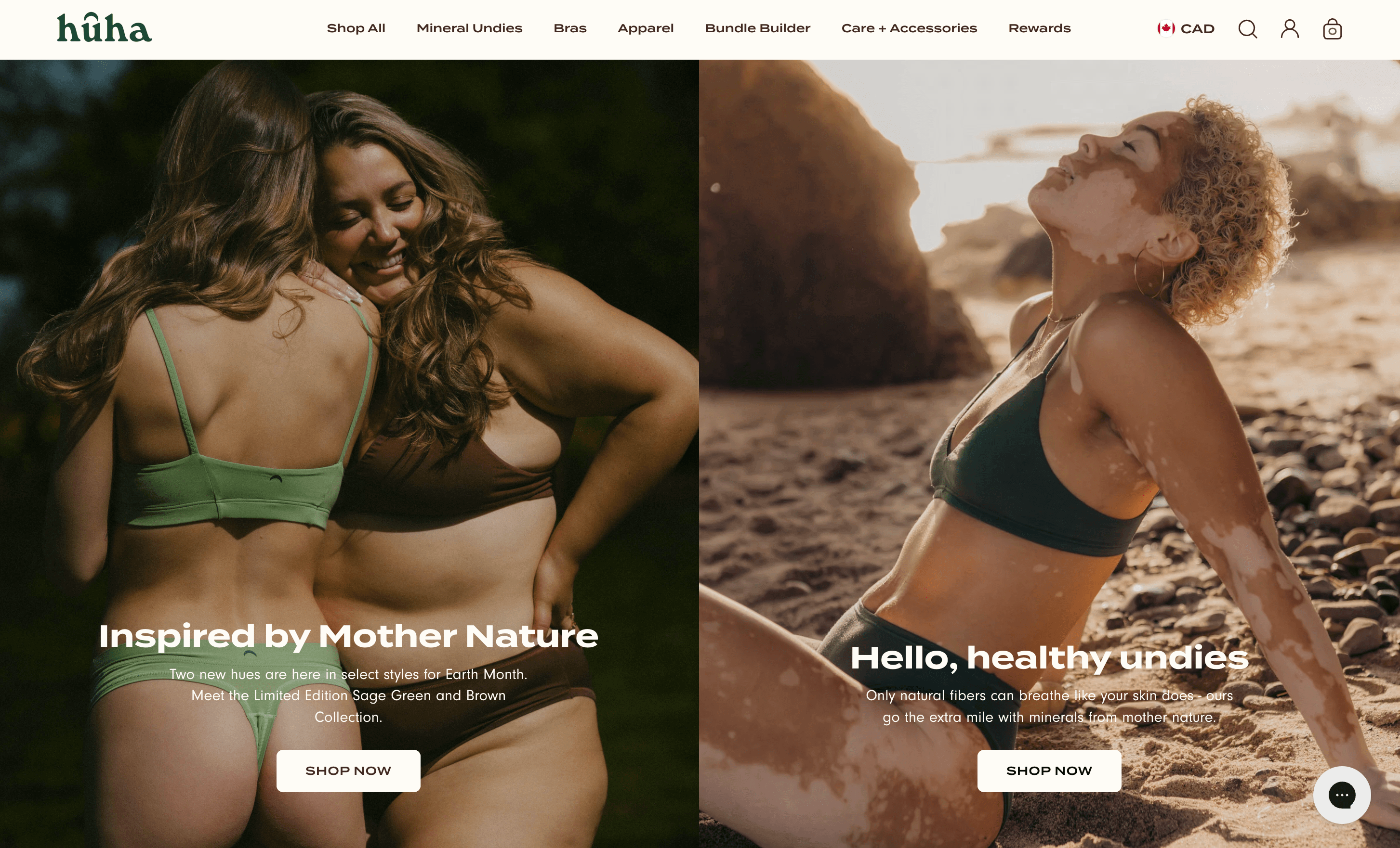 A screenshot of huha’s homepage showing models wearing its bras and underwear. 