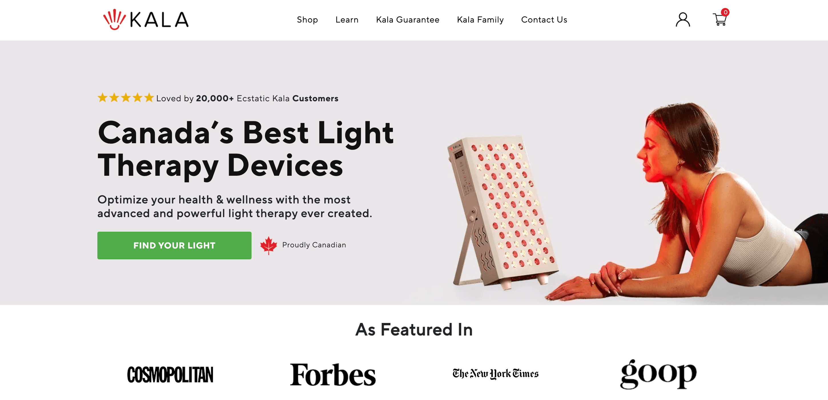 A screenshot of KALA Therapy’s homepage promoting it as “Canada’s Best Light Therapy Devices”. 
