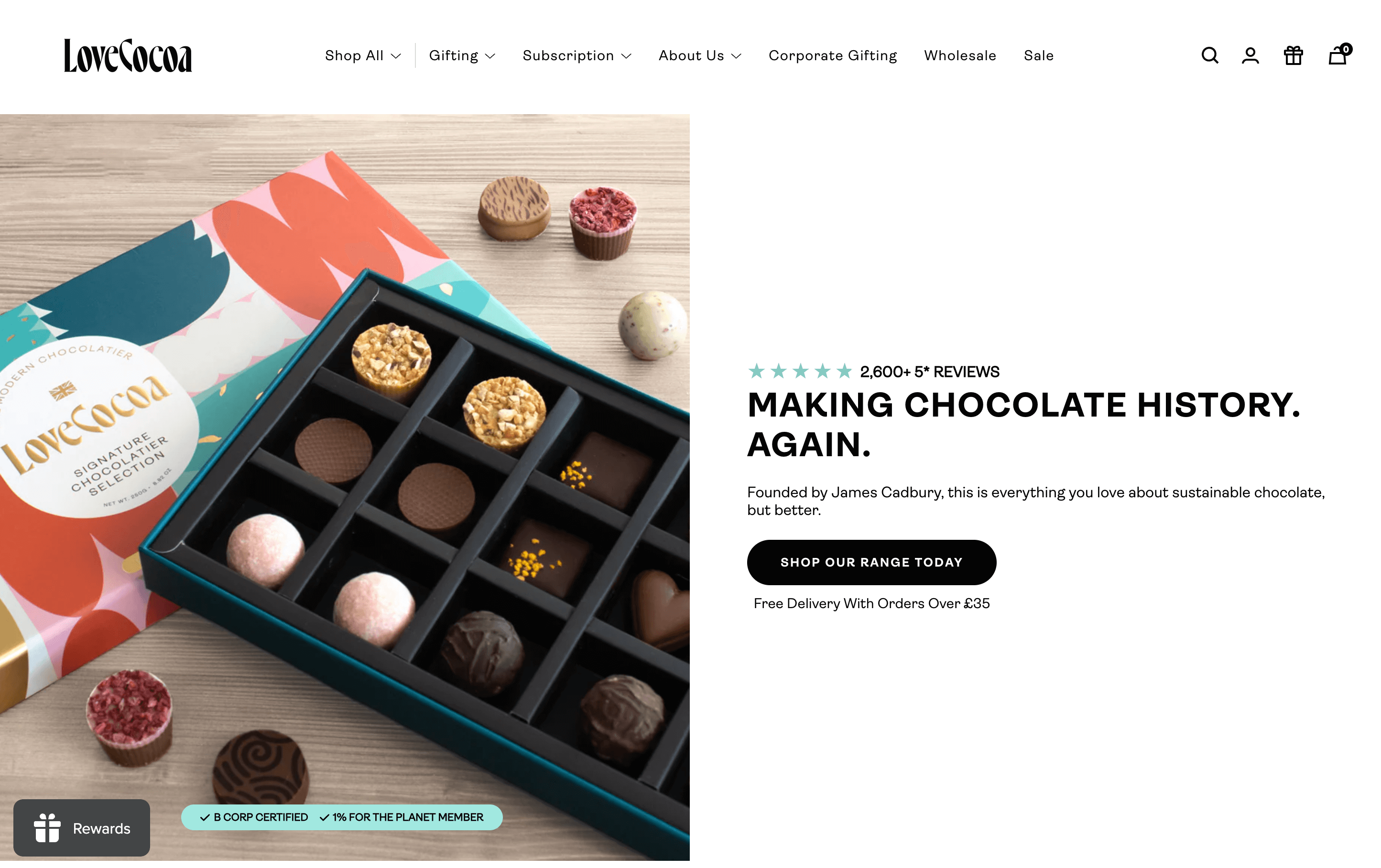 A screenshot of Love Cocoa’s homepage showing a box of its chocolate truffles. 