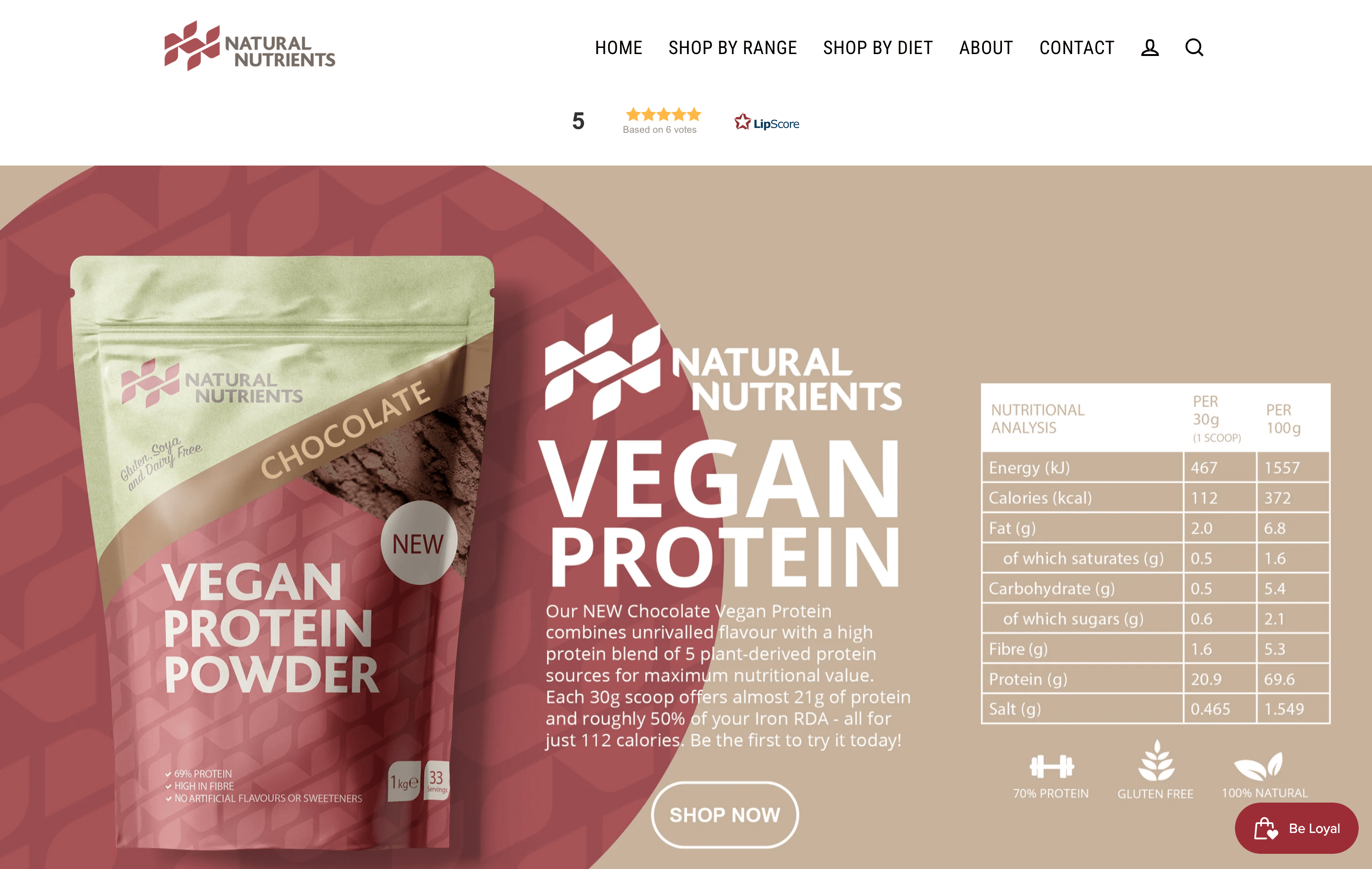 A screenshot of Natural Nutrients’ homepage showing the product specs for its new Vegan Protein Powder. 