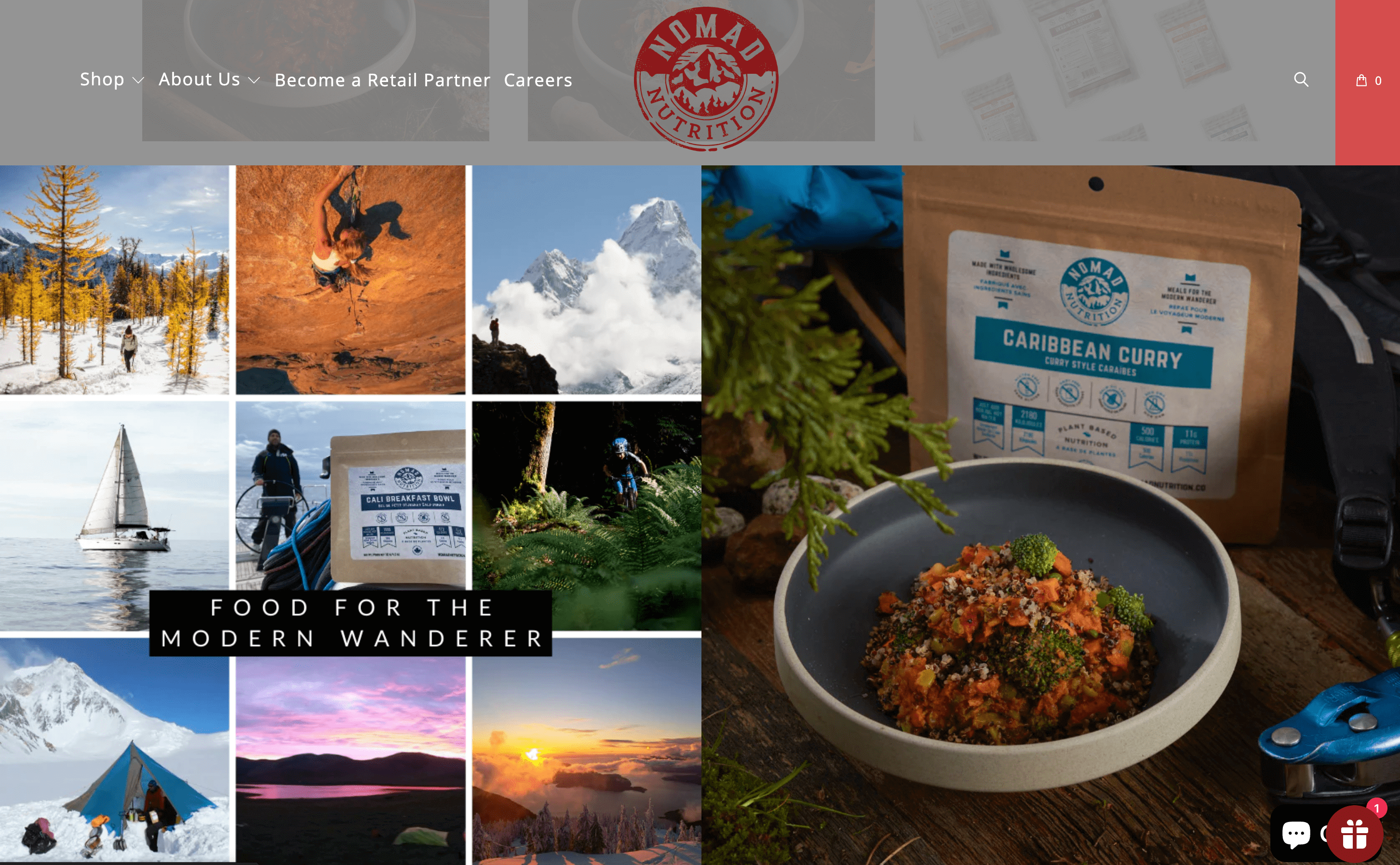 A screenshot of Nomad Nutrition’s homepage showing images of outdoor athletes performing a variety of sports next to an image of its dehydrated plant-based Caribbean Curry.