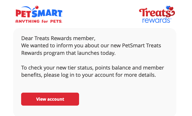 A screenshot of an email from PetSmart announcing its new program changes. 