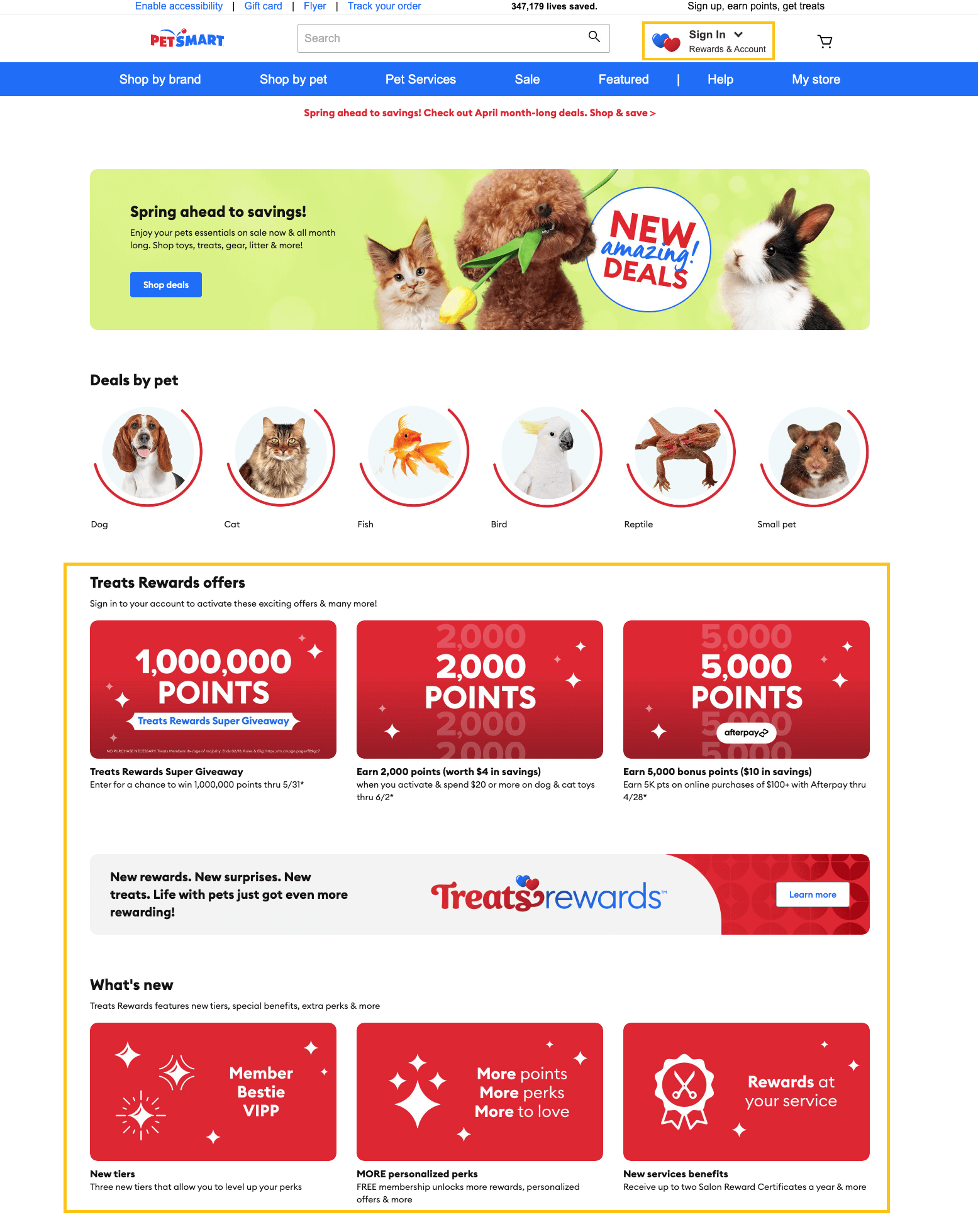 A screenshot of the PetSmart homepage highlighting the several CTAs to join the loyalty program. 