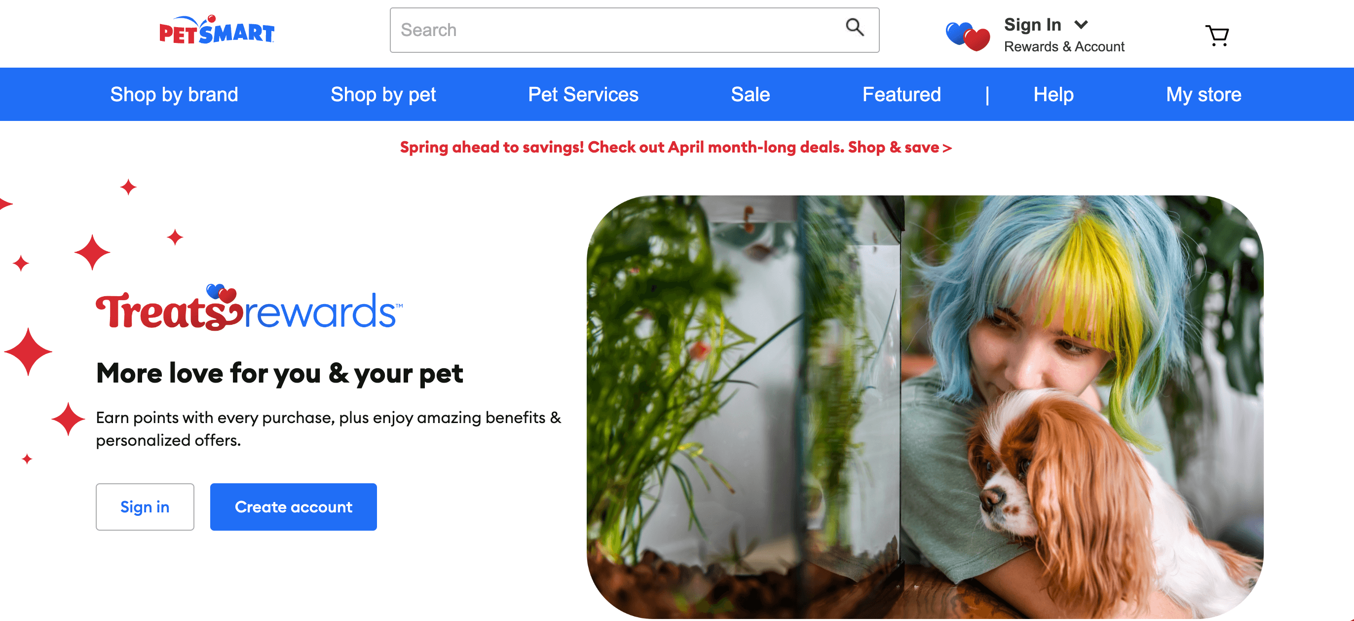 A screenshot of PetSmart’s loyalty program explainer page showing the title with buttons to sign in or create an account. 
