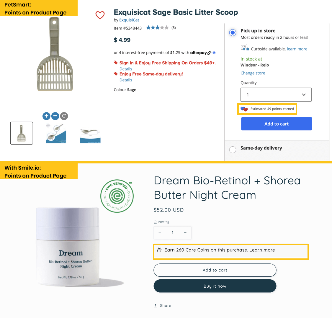 A screenshot comparing PetSmart’s display of points information on product pages vs. on a website using Smile.io. 