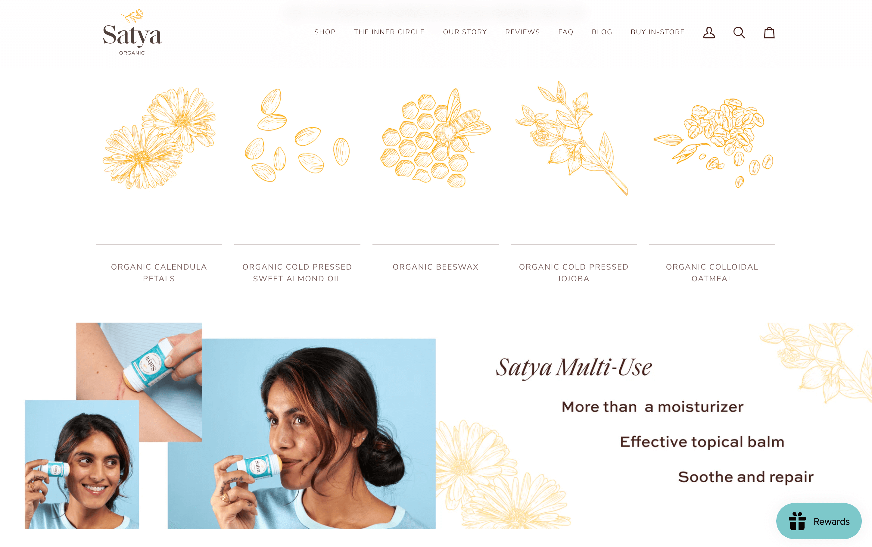A screenshot of Satya Organic’s homepage showing a list of its natural ingredients. 