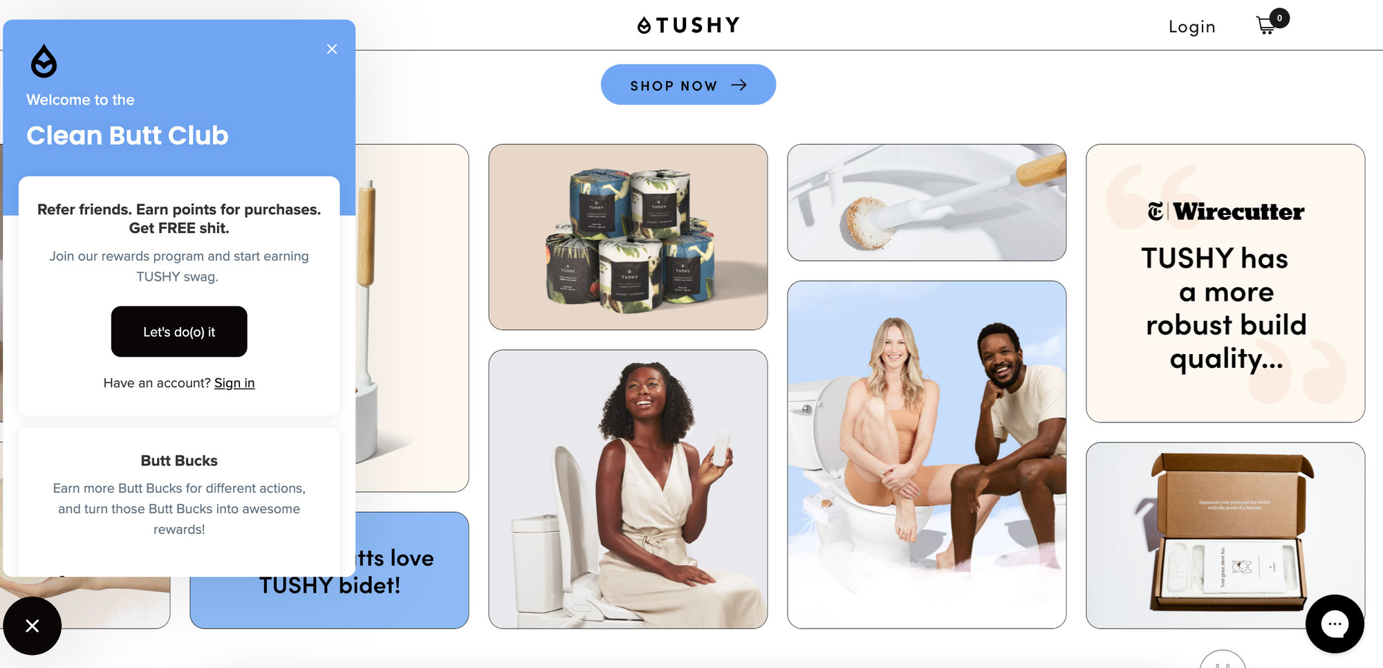 screenshot of ecommerce brand Tushy and its loyalty program launcher panel
