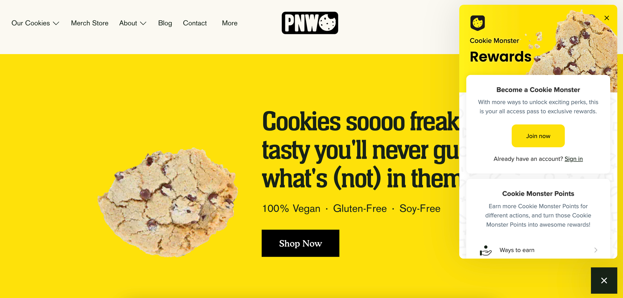 screenshot of pacific northwest cookies and its loyalty program launcher