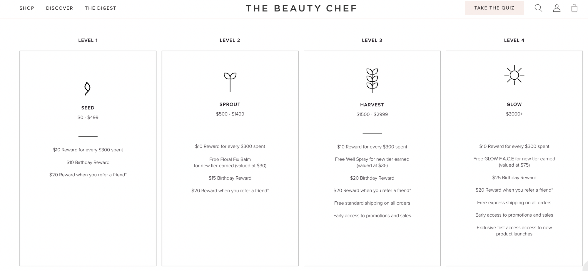 screenshot of ecommerce brand the beauty chef's VIP tiers for its rewards program
