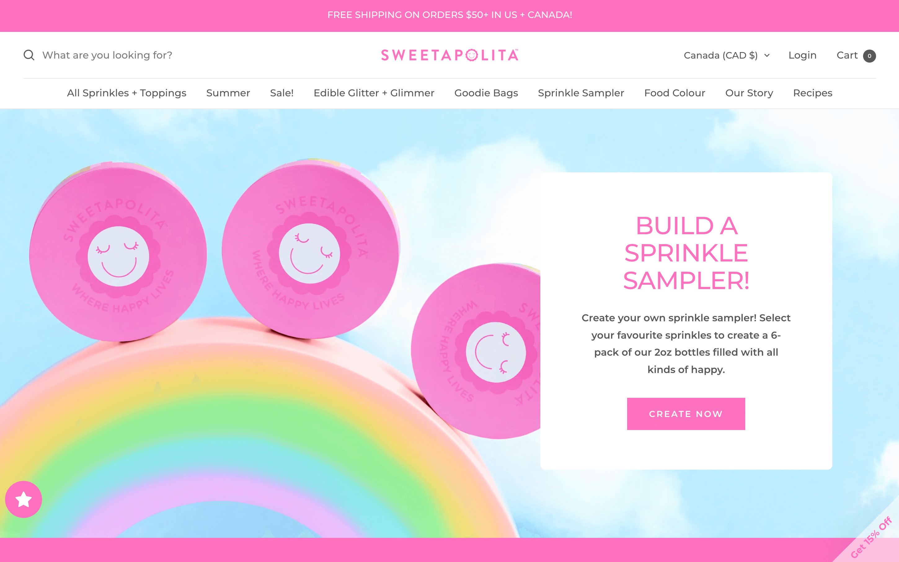 A screenshot of Sweetapolita’s homepage showing its sprinkle sampler options. 