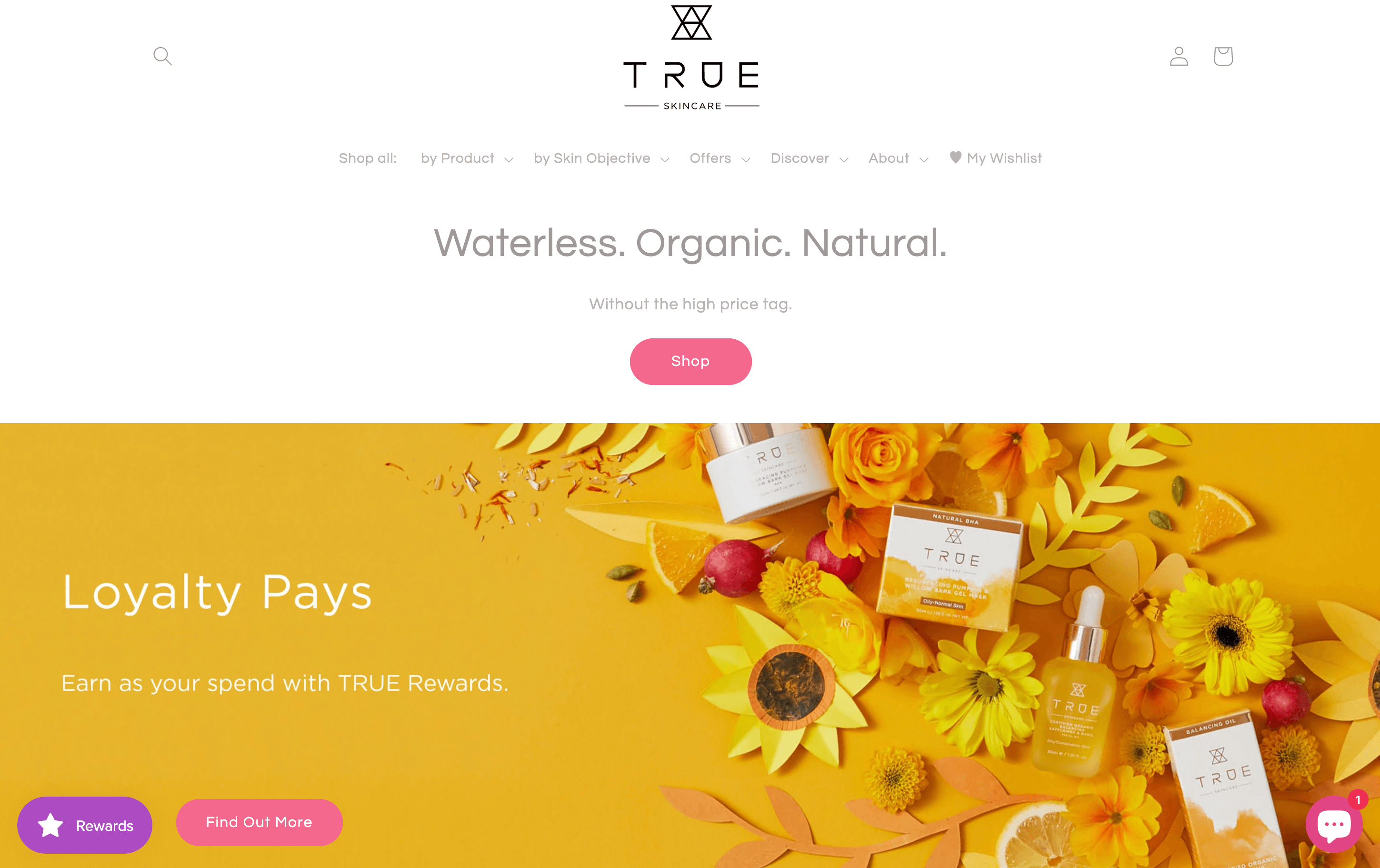 A screenshot of TRUE Skincare’s homepage showing a call to action to join its loyalty program. 