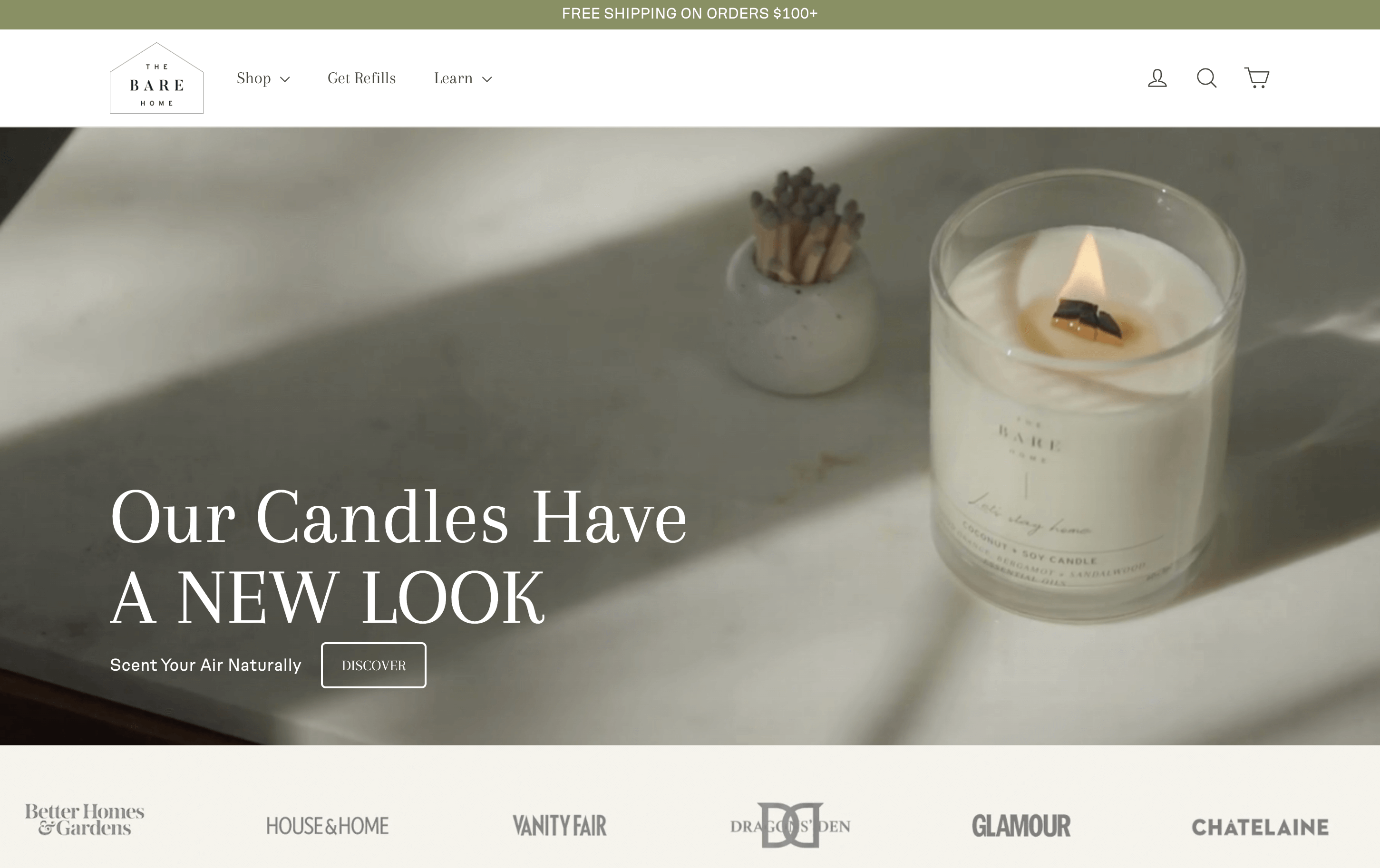A screenshot of the homepage showing a branded candle. 
