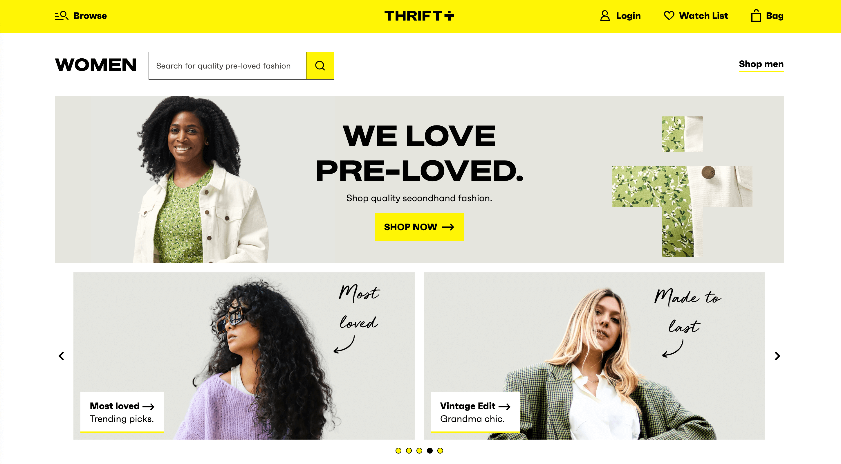 A screenshot of Thrift Plus’ homepage with a call to action to shop quality secondhand fashion. 