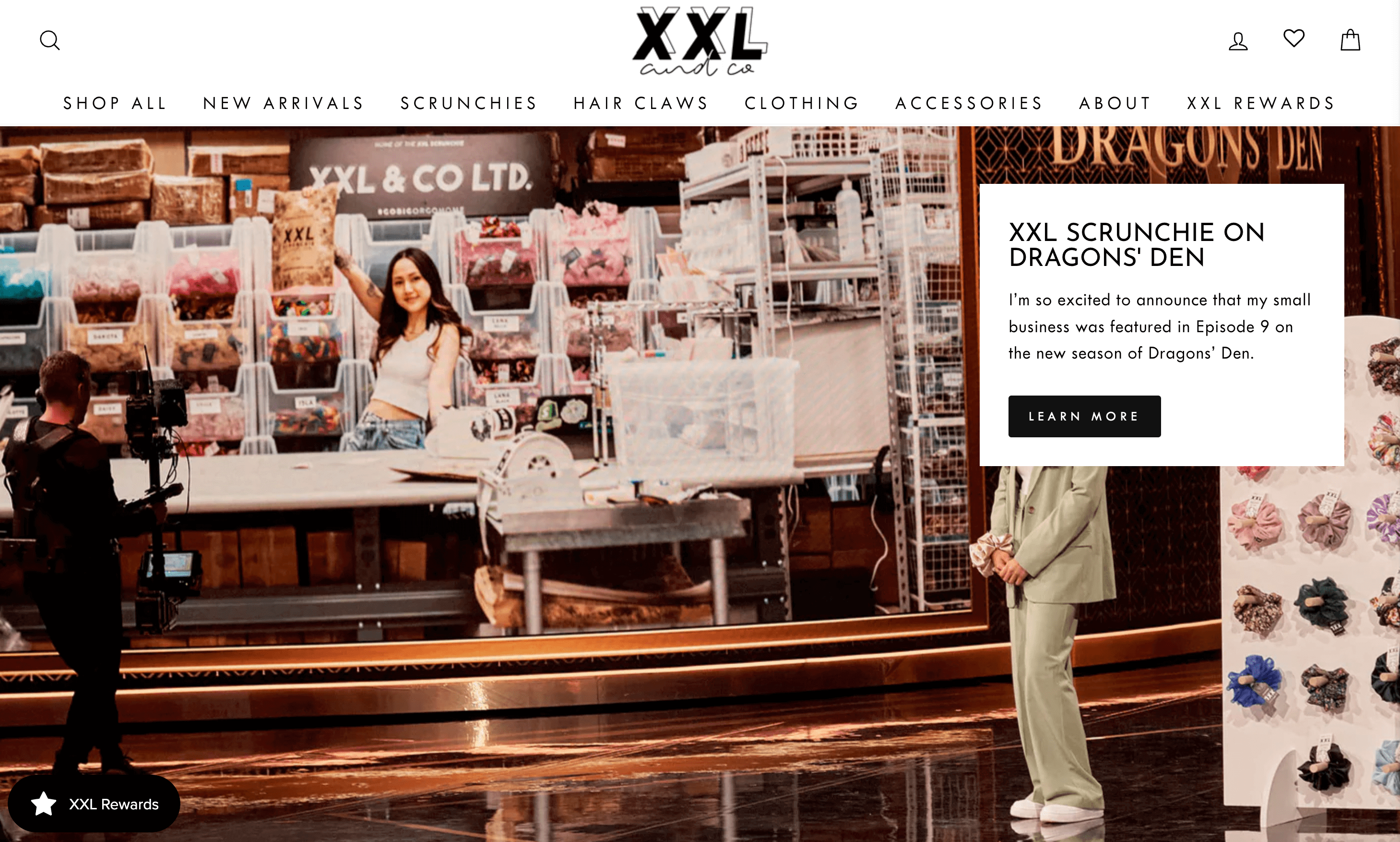 A screenshot of XXL & Co.’s homepage showing a banner image of the founder Tina on Dragon’s Den.