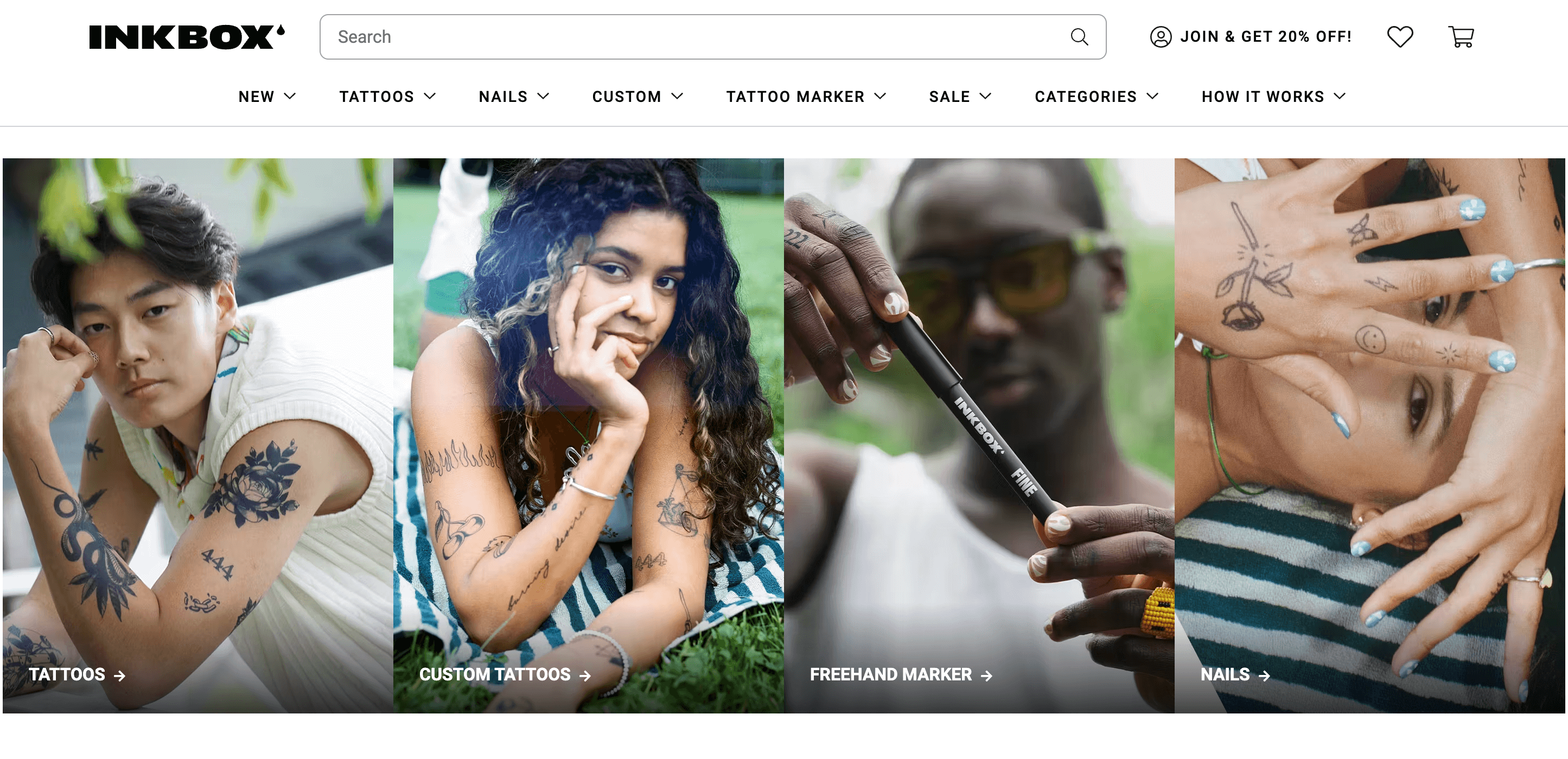 A screenshot of inkbox’s homepage showing its product categories—tattoos, custom tattoos, freehand market, and nail strips. 