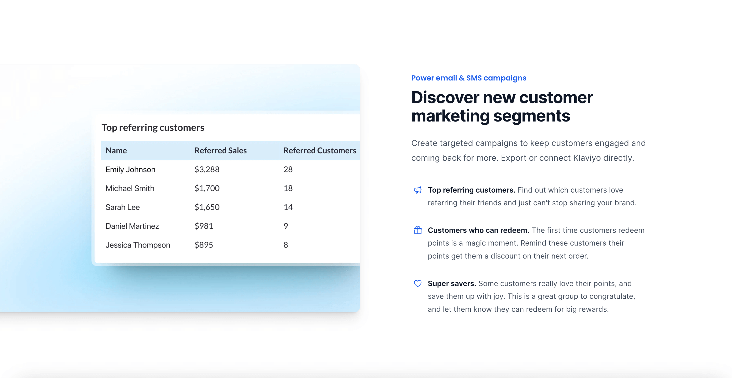 A screenshot from the Smile.io Analytics website page showing how to discover new customer marketing segments with reports. 