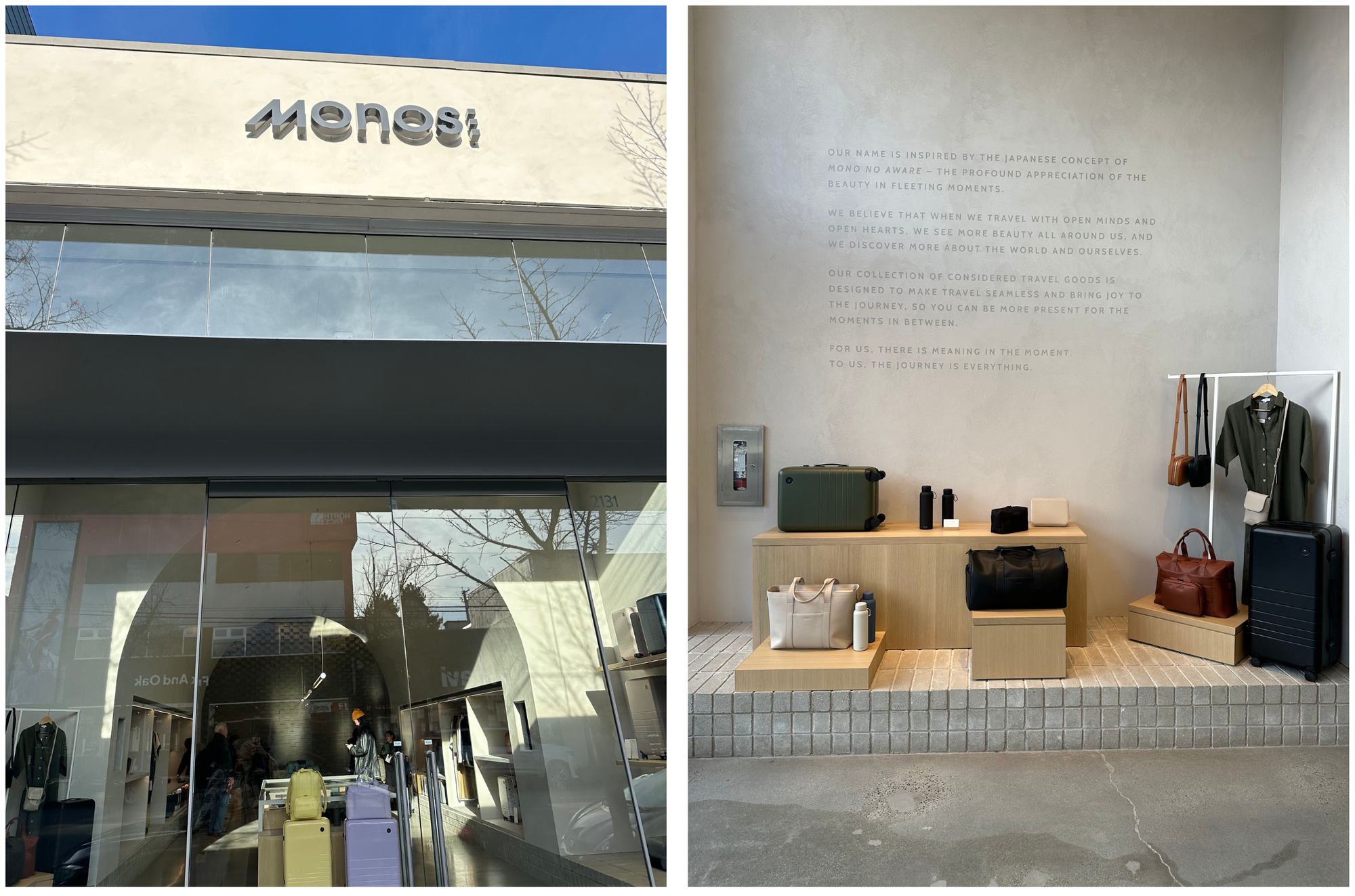image of two pictures of monos luggage retail location inside and outside