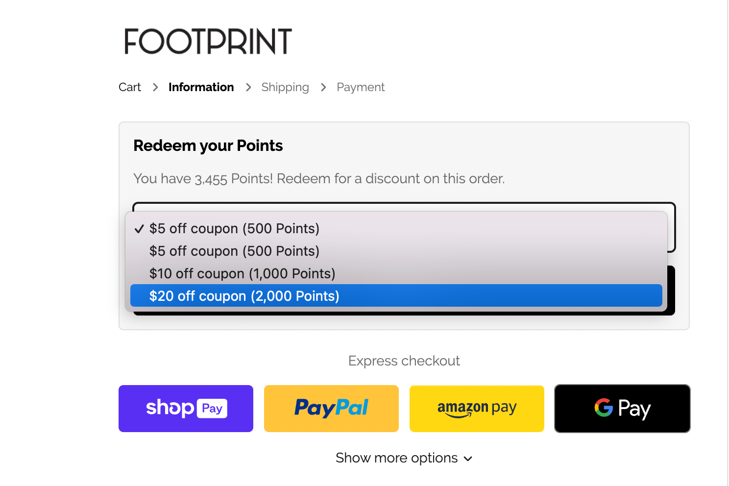 screenshot of a shopify brand redeeming points at checkout