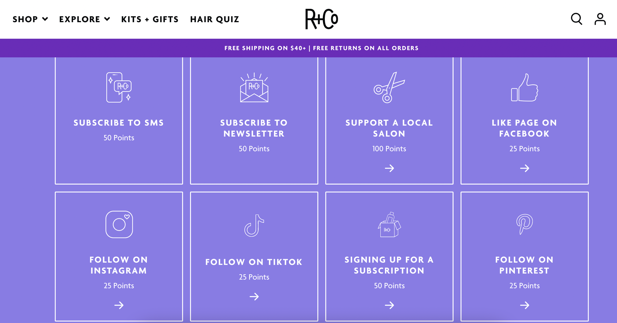 screenshot of r and co beauty brand rewards page 