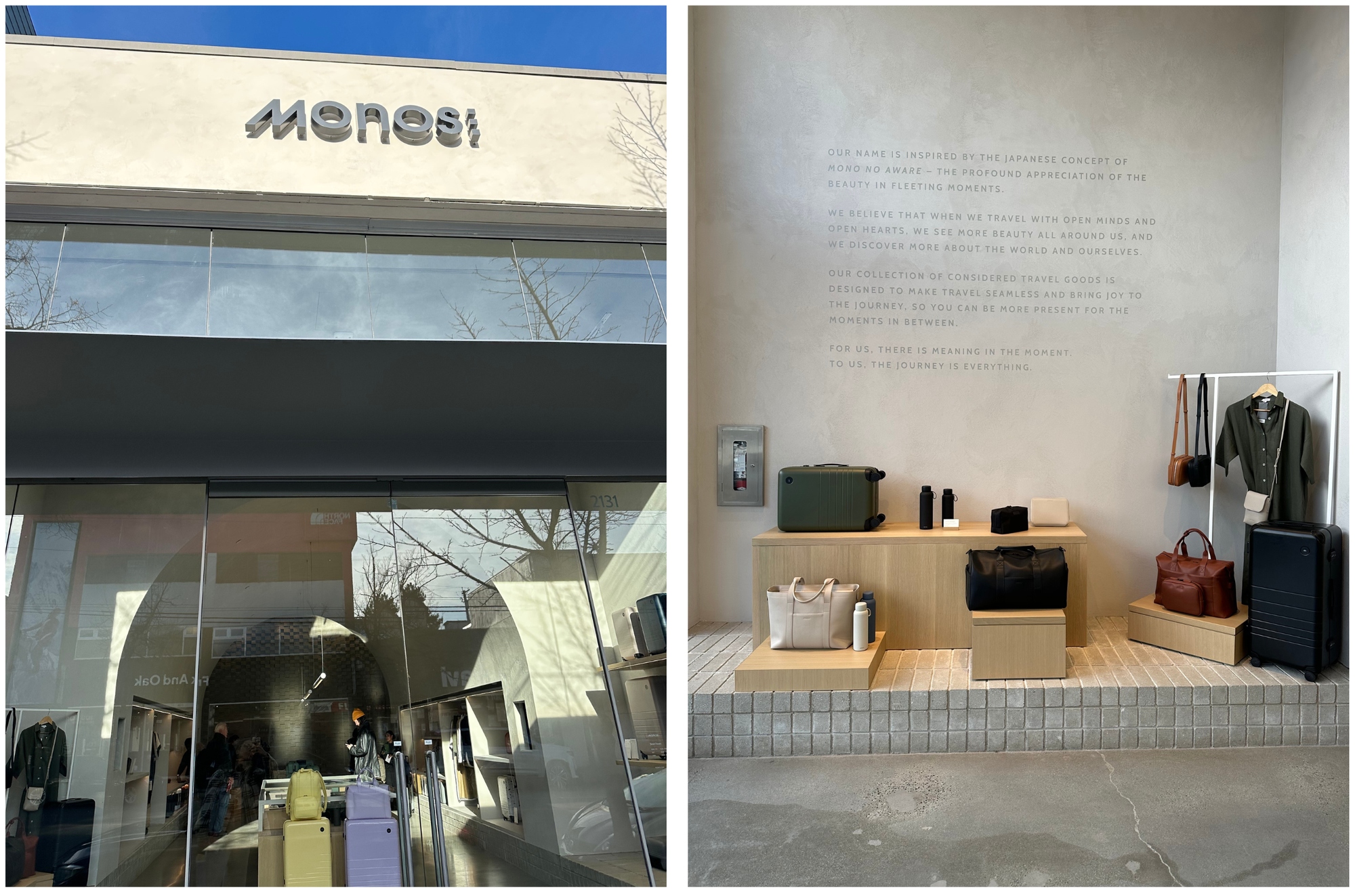 two images of monos retail location with one photo outside and one inside