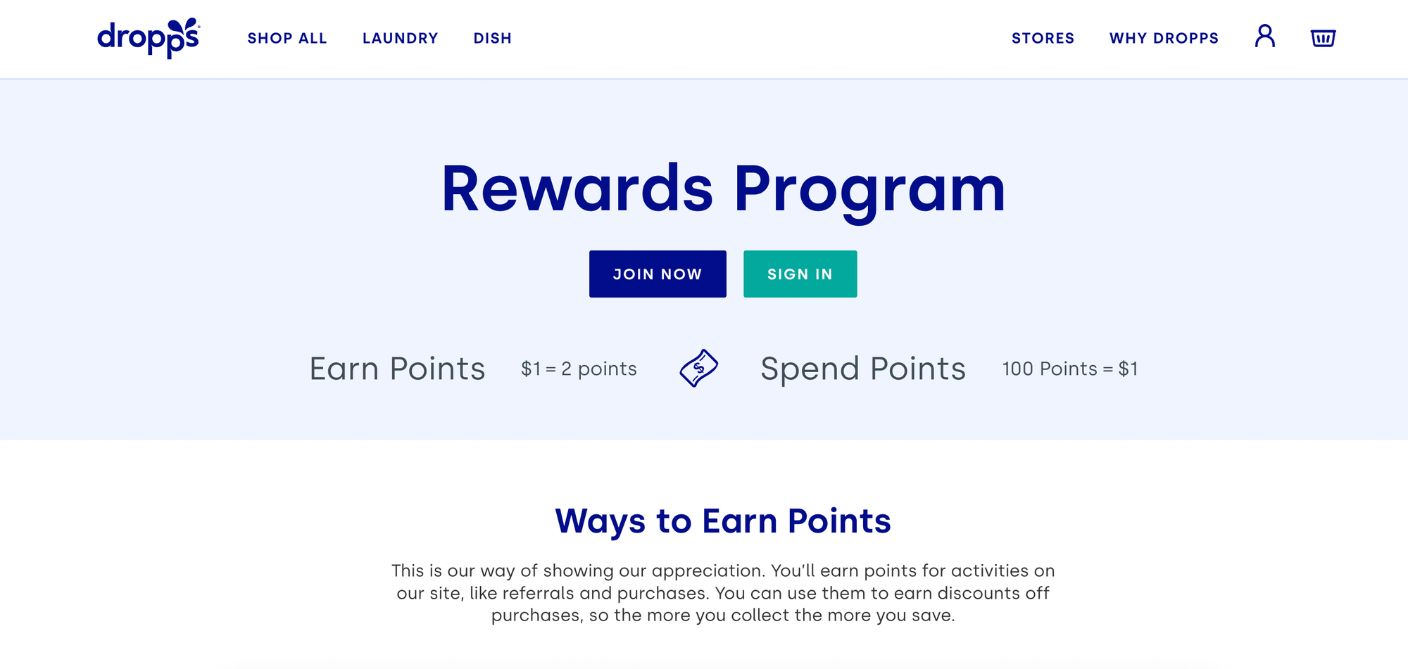 screenshot of dropps loyalty program