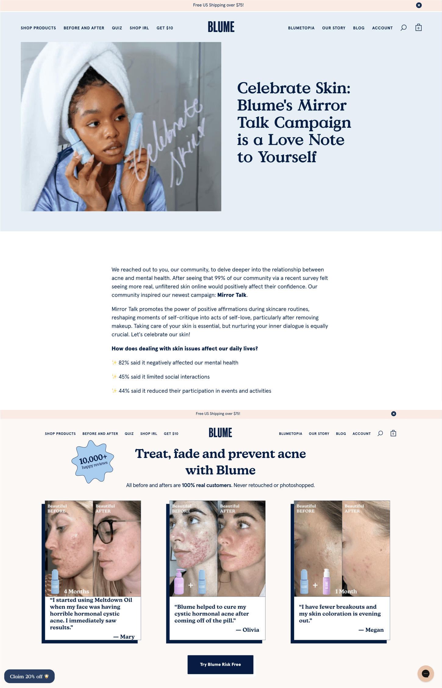 A screenshot of a blog from Blume revealing the results of its customer survey. There is a second screenshot that shows a website page with Before and After customer reviews. The photos include acne-prone skin in an unedited state. 