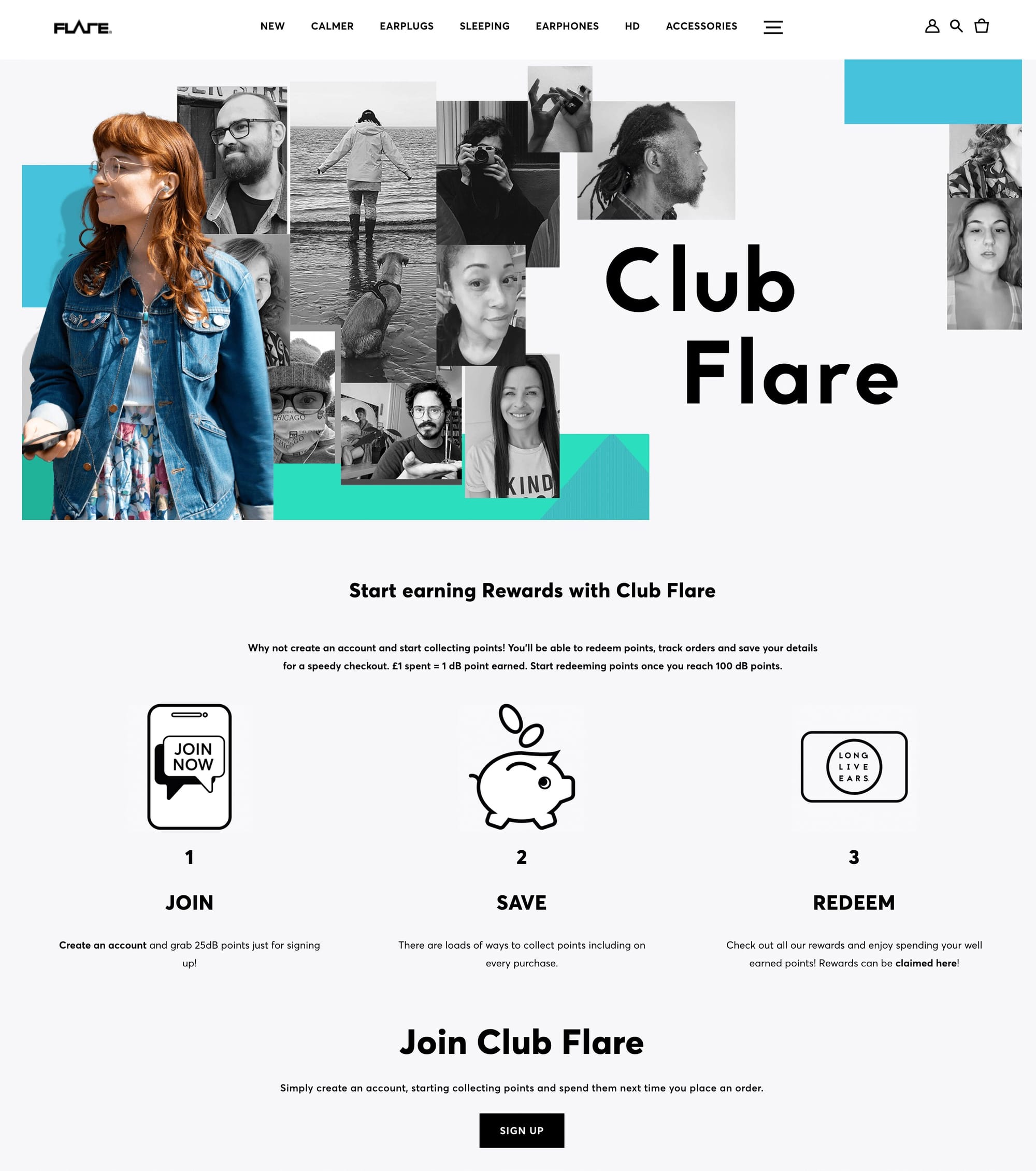 A screenshot from Flare Audio’s rewards program explainer page showing how to start earning rewards with Club Flare.