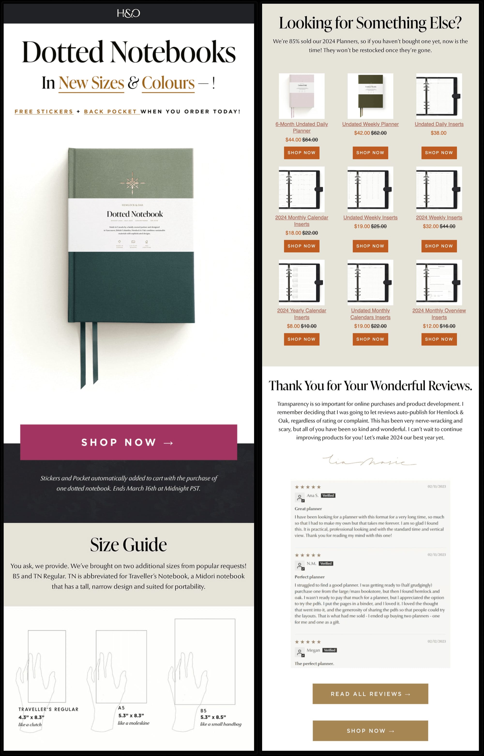 An email from Hemlock and Oak announcing the new sizes and colors of its dotted notebooks. The email also includes valuable information like a size guide with visual demonstrations, additional product recommendations, and customer reviews. 