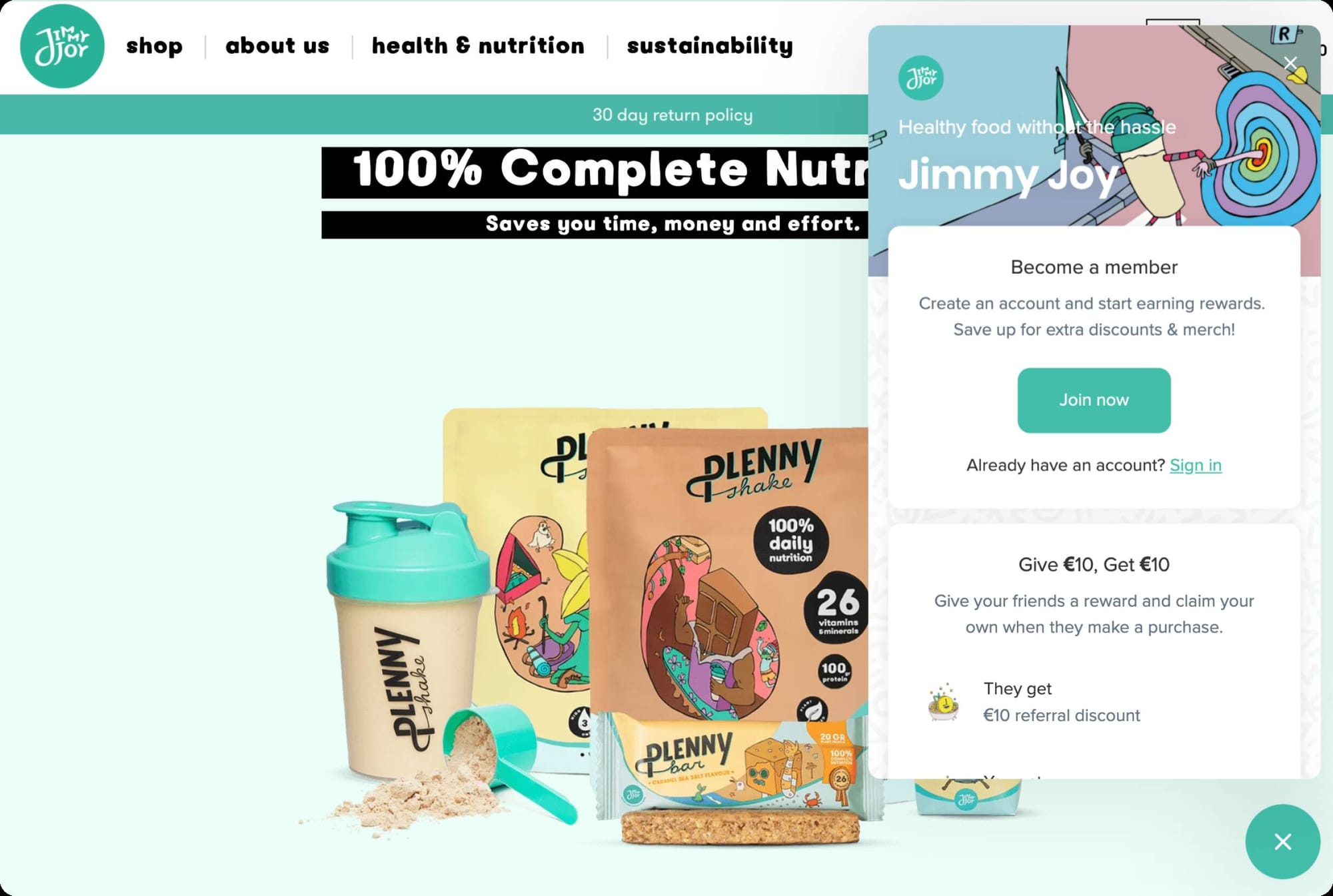 Screenshot of jimmy joy homepage with its loyalty program panel