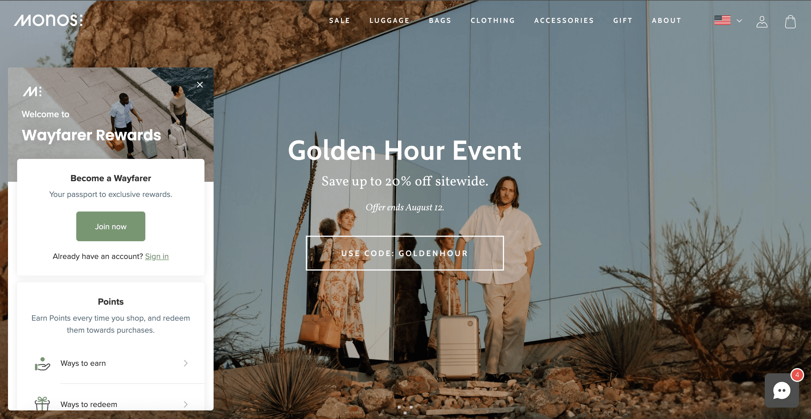 A screenshot of Monos’ homepage with its Wayfarer Rewards program panel. 