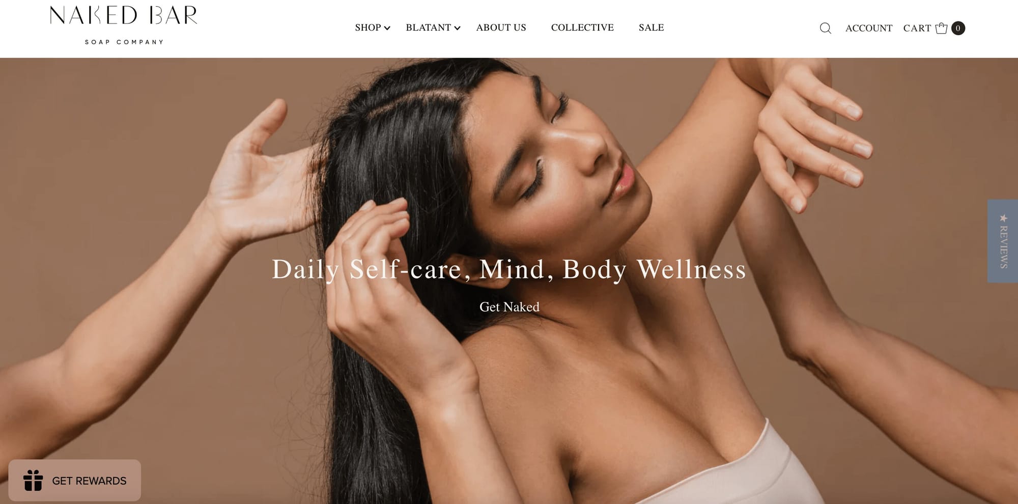 Valentine’s Day Gift Guide–A screenshot from Naked Bar Soap’s homepage with a message saying, “Daily Self-Care, Mind, Body Wellness. Get Naked”. 