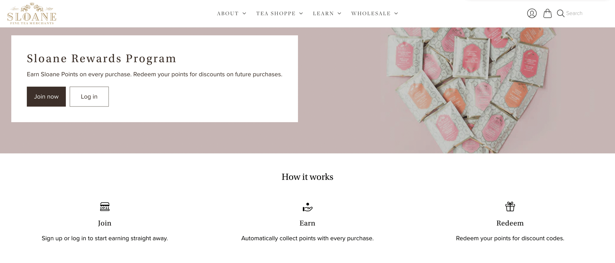 screenshot of ecommerce brand Sloane Tea rewards explainer page