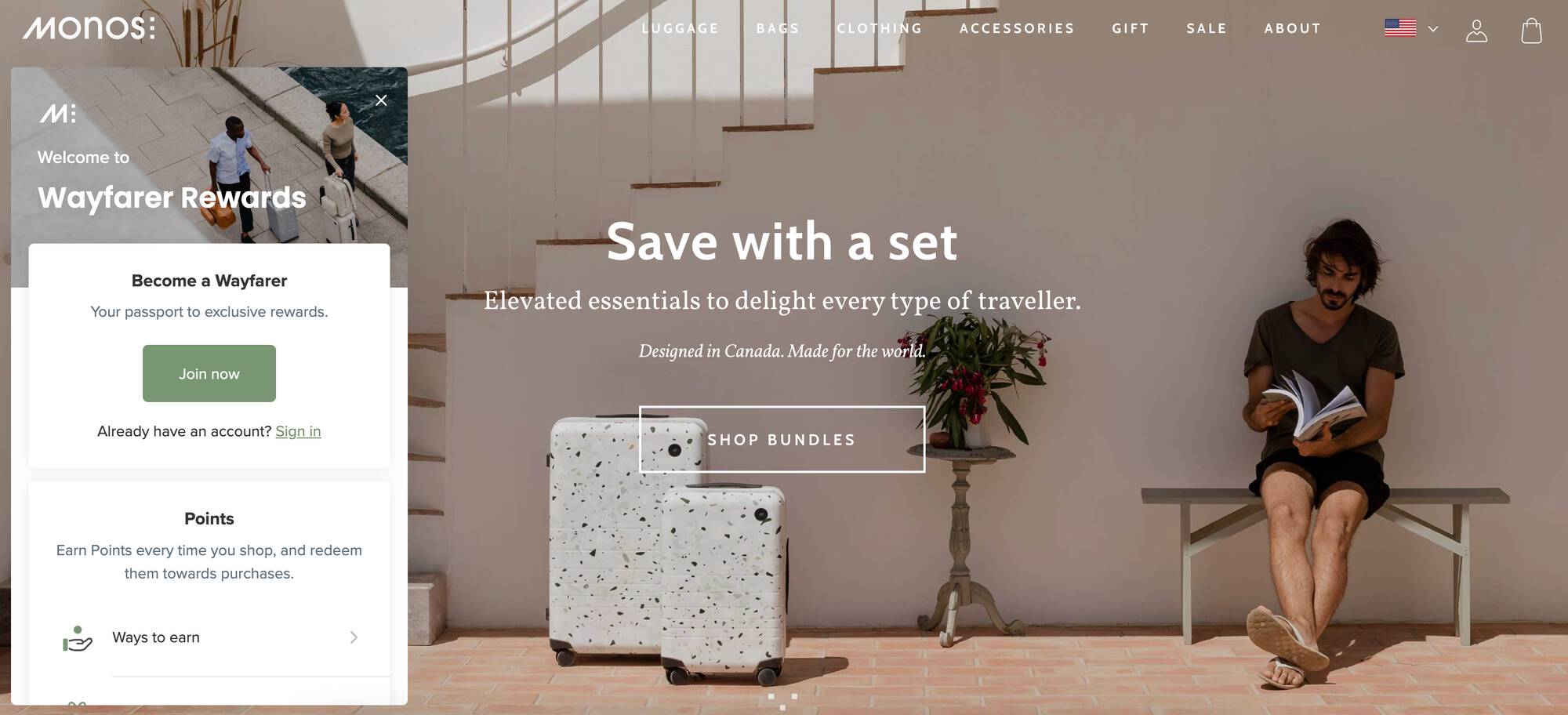 screenshot of a monos luggage homepage with its rewards program panel open 