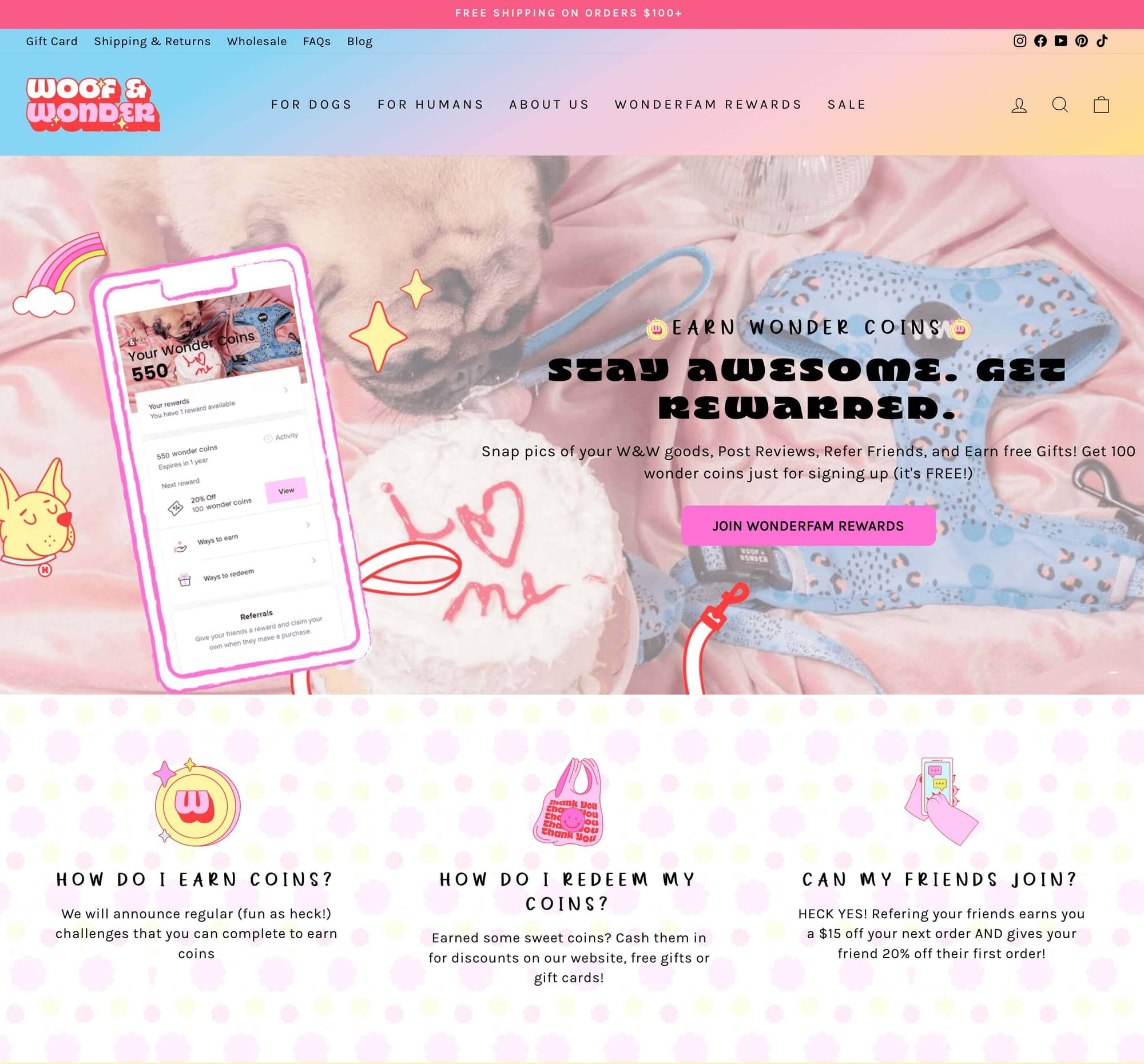 A screenshot of Woof and Wonder’s Wonderfam Rewards program explainer page. It shows a screenshot of the rewards program panel and explains how to earn coins, redeem them, and invite friends to join the program through referrals with branded icons and colors. 