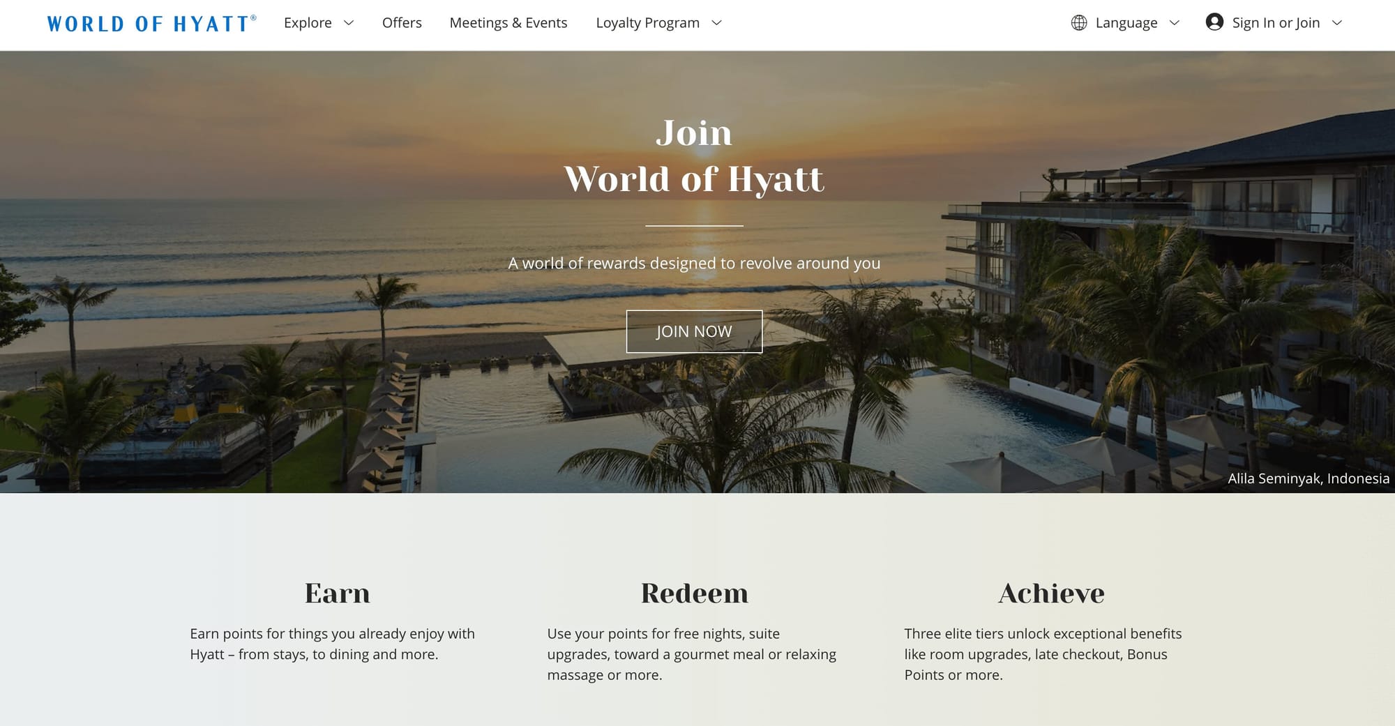 screenshot of world of hyatt loyalty program landing page